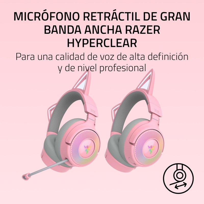 Detalle de Razer Kraken Kitty V3 Pro: auriculares gaming inalámbricos con orejas RGB y sonido inmersivo