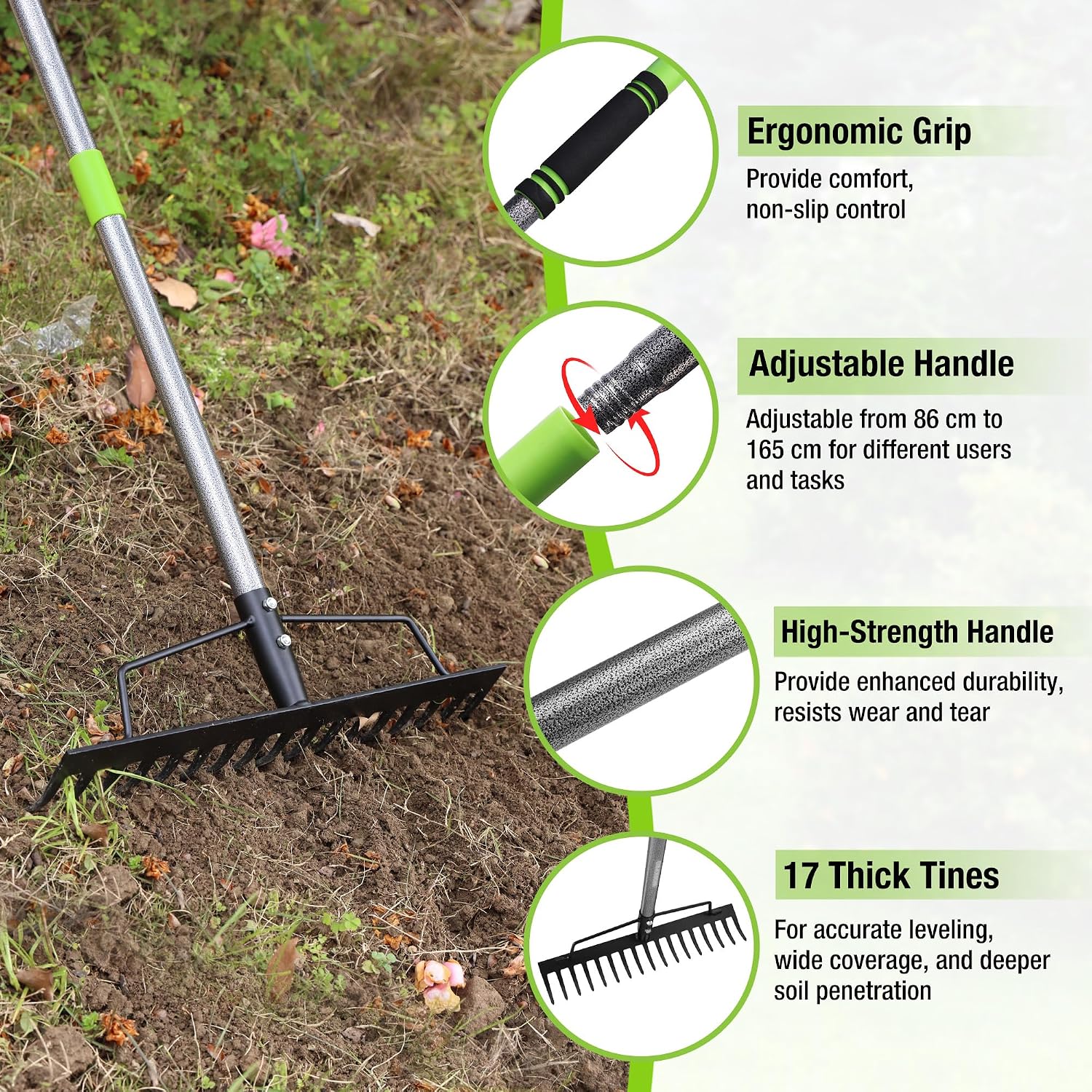 Thumbnail 1 de WORKPRO 165 cm Adjustable Garden Rake with 17 Metal Tines and Heavy-Duty Steel Handle