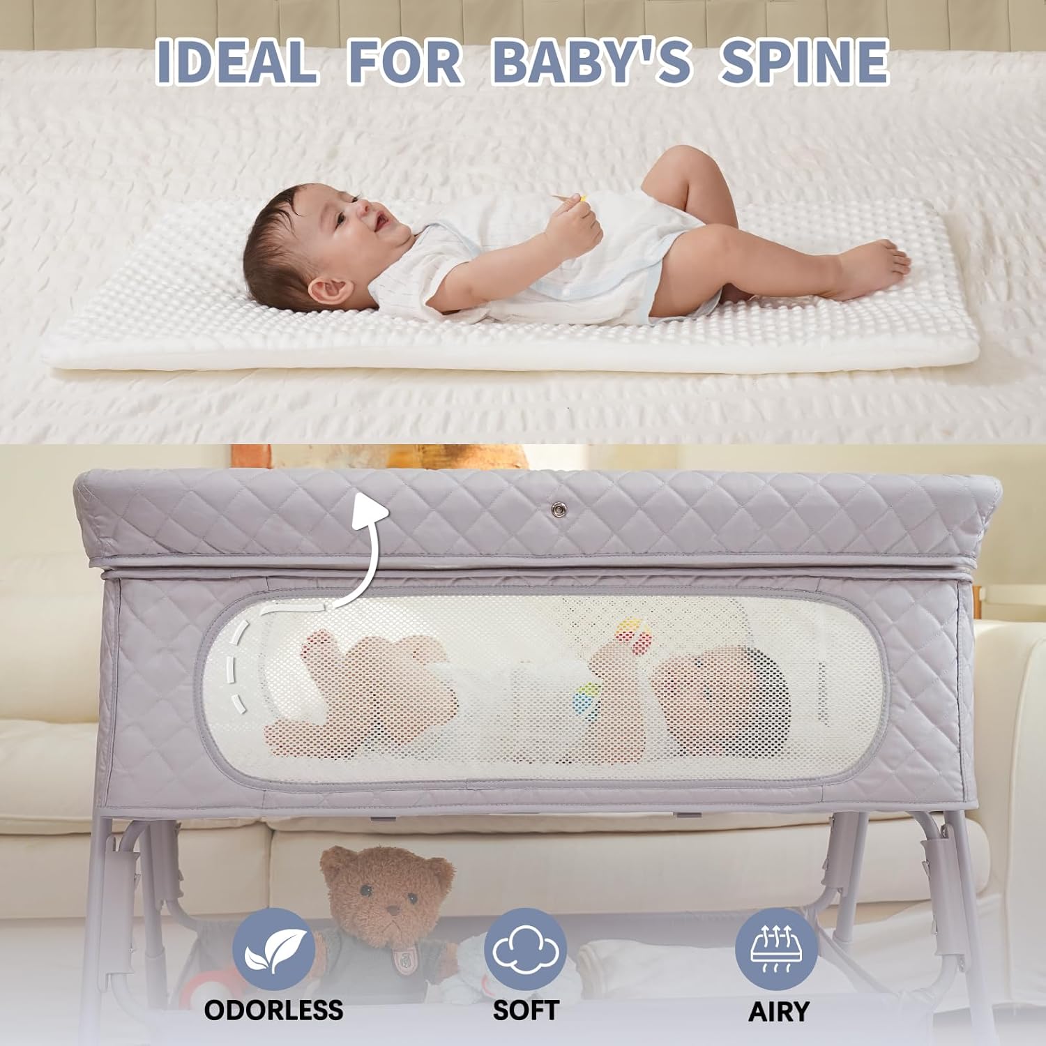 Detalle 2 de Kiniew Bassinet Bedside Sleeper (Adjustable Height, Folding, Mesh) — Grey