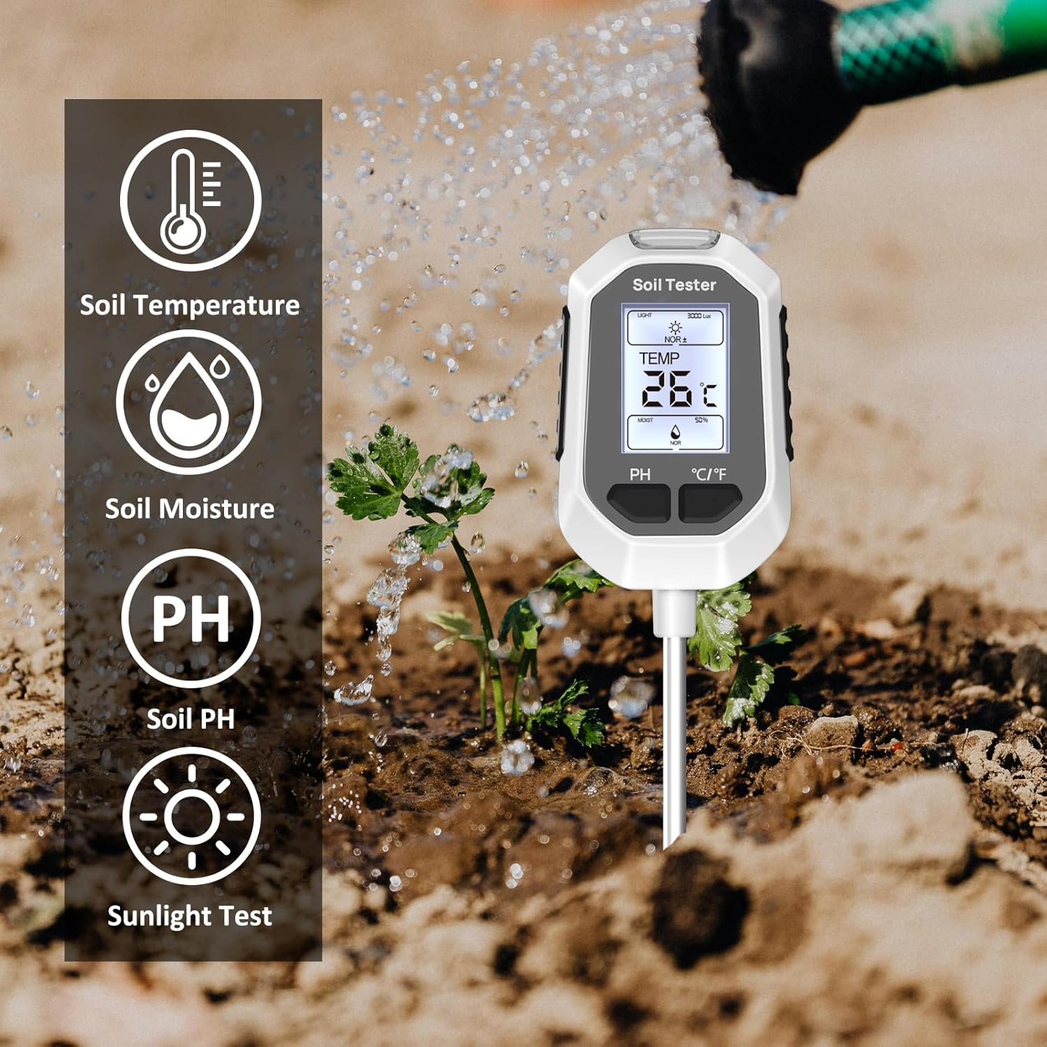 Thumbnail 5 de YAMRON 4-in-1 Soil Moisture Meter (Soil Moisture, pH, Temperature & Sunlight Intensity) with Backlit LCD