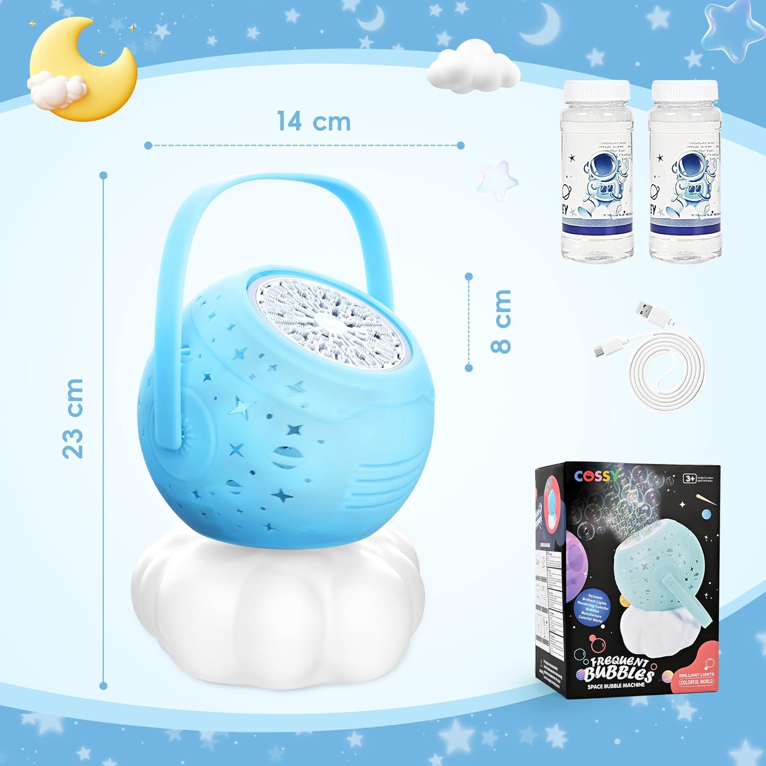 Thumbnail 6 de cossy Seifenblasenmaschine – Automatisch, mit Lichtprojekt und wiederaufladbar (Blau)