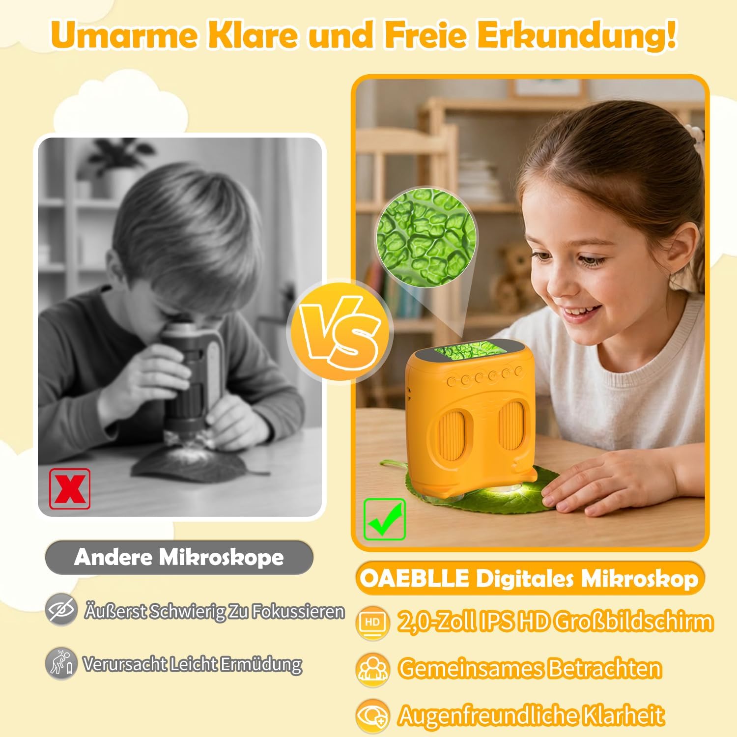 Detalle 2 de OAEBLLE 2 in 1 Mikroskop für Kinder und Fernglas – 2 Zoll HD Bildschirm, 1000× Vergrößerung, 8 LEDs, 1080p