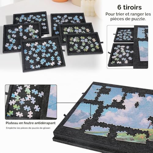 Detalle de Tapis Puzzle 1000 Pièces avec 6 Tiroirs de Tri et Support – Purova, 77 x 53,6 cm