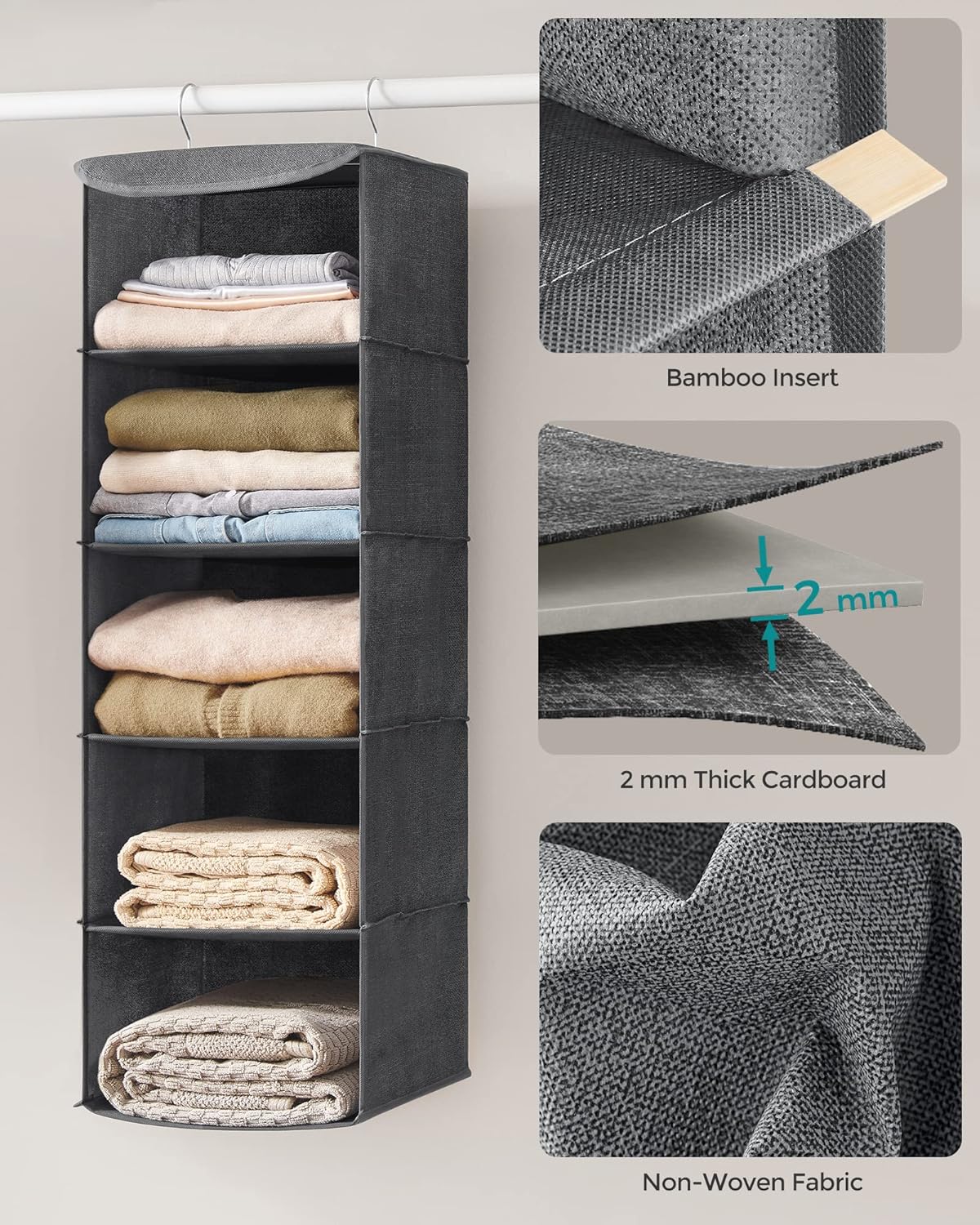 Thumbnail 5 de SONGMICS RCH005G02 wardrobe organiser set of 2, foldable with bamboo hooks