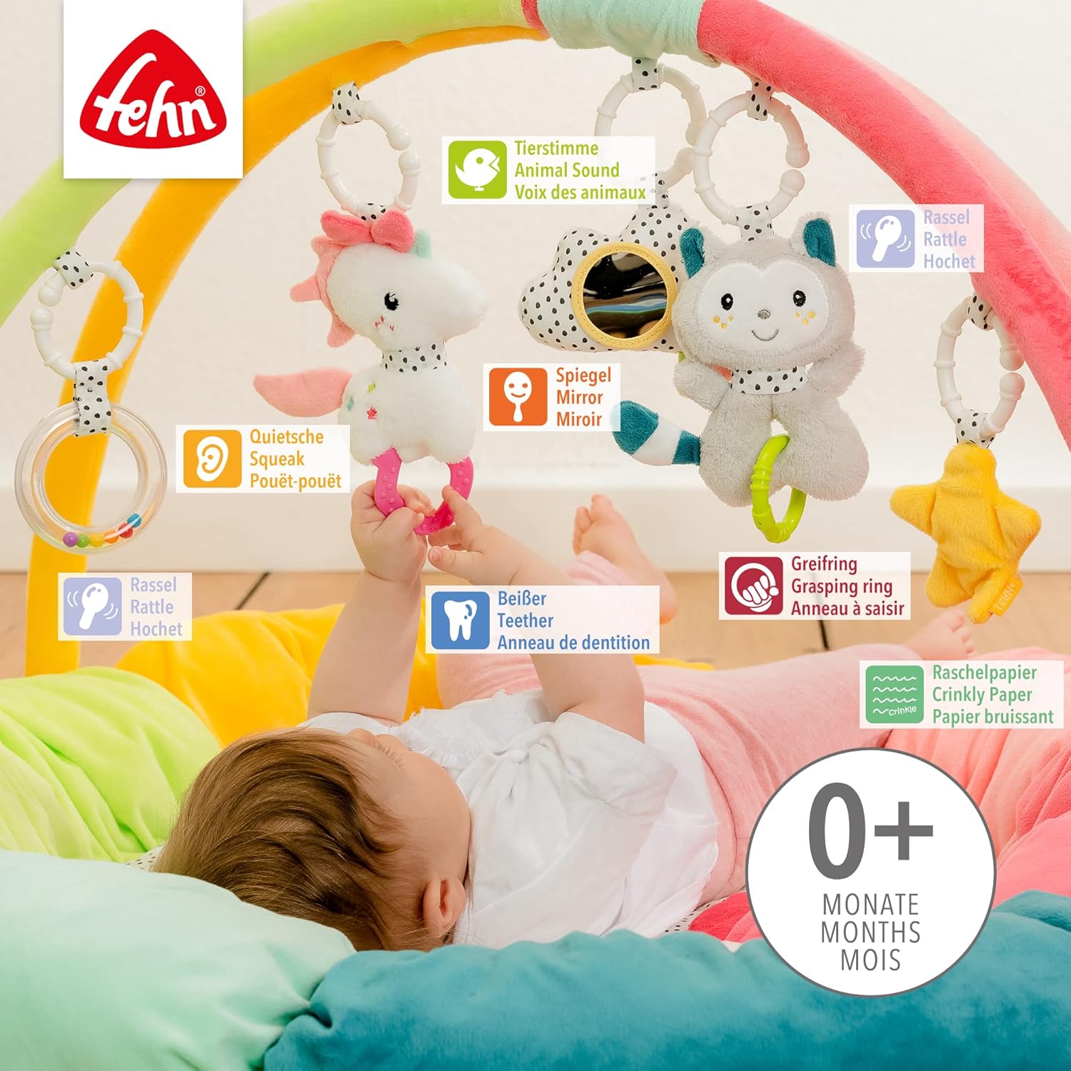 Detalle de Fehn 3-D-Activity-Nest Spielbogen Aiko und Yuki – Krabbeldecke mit 5 abnehmbaren Spielzeugen (85 cm)