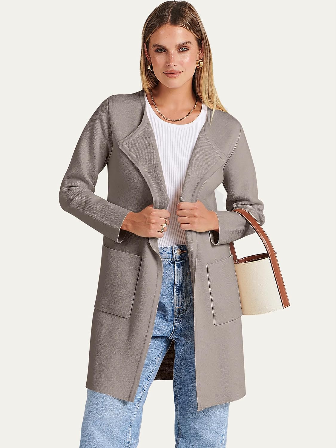 Detalle 1 de ANRABESS Women's Mid-Length Open-Front Cardigan Sweater with Lapels and Pockets