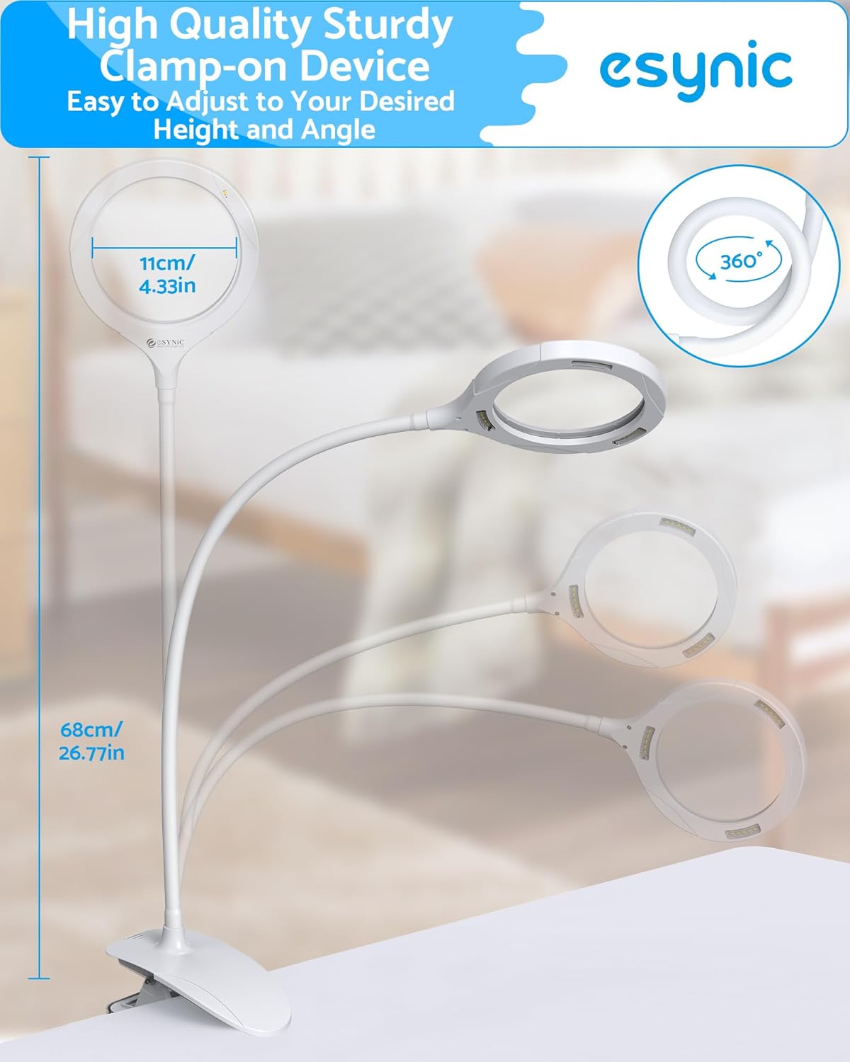 Thumbnail 5 de eSynic 5X/10X Desk Clamp Magnifying Glass with LED Light and 50cm Gooseneck (USB-powered)