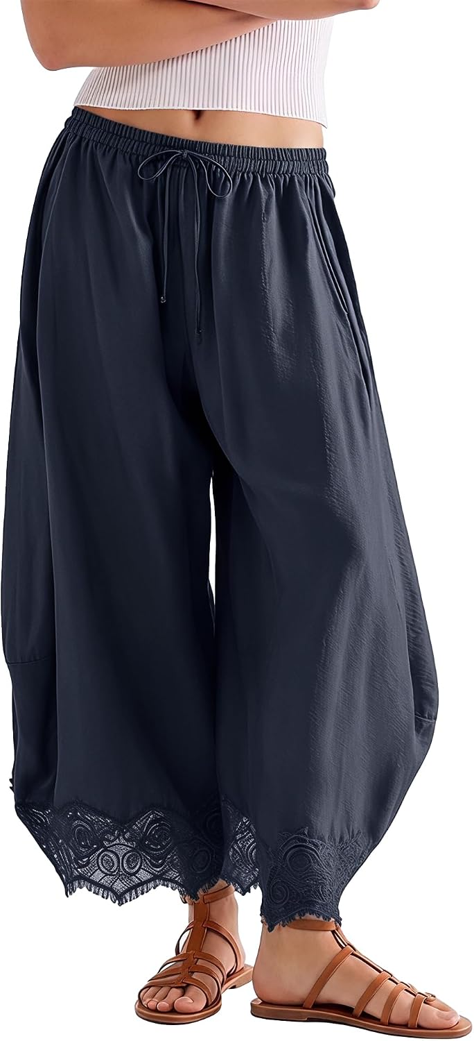 Detalle de SeeLuNa Comfy Women's Cropped Lace Hem Wide-Leg Pants