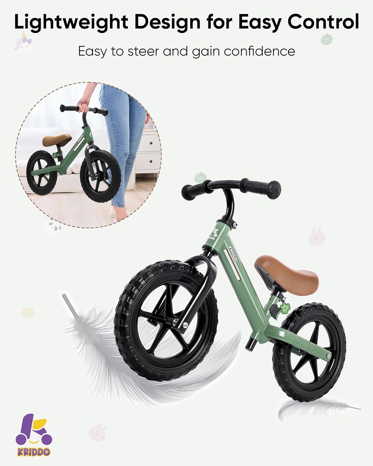 Detalle de KRIDDO Toddler Balance Bike for 2–5 Years: Adjustable, All-Terrain 12-inch Balance Bike
