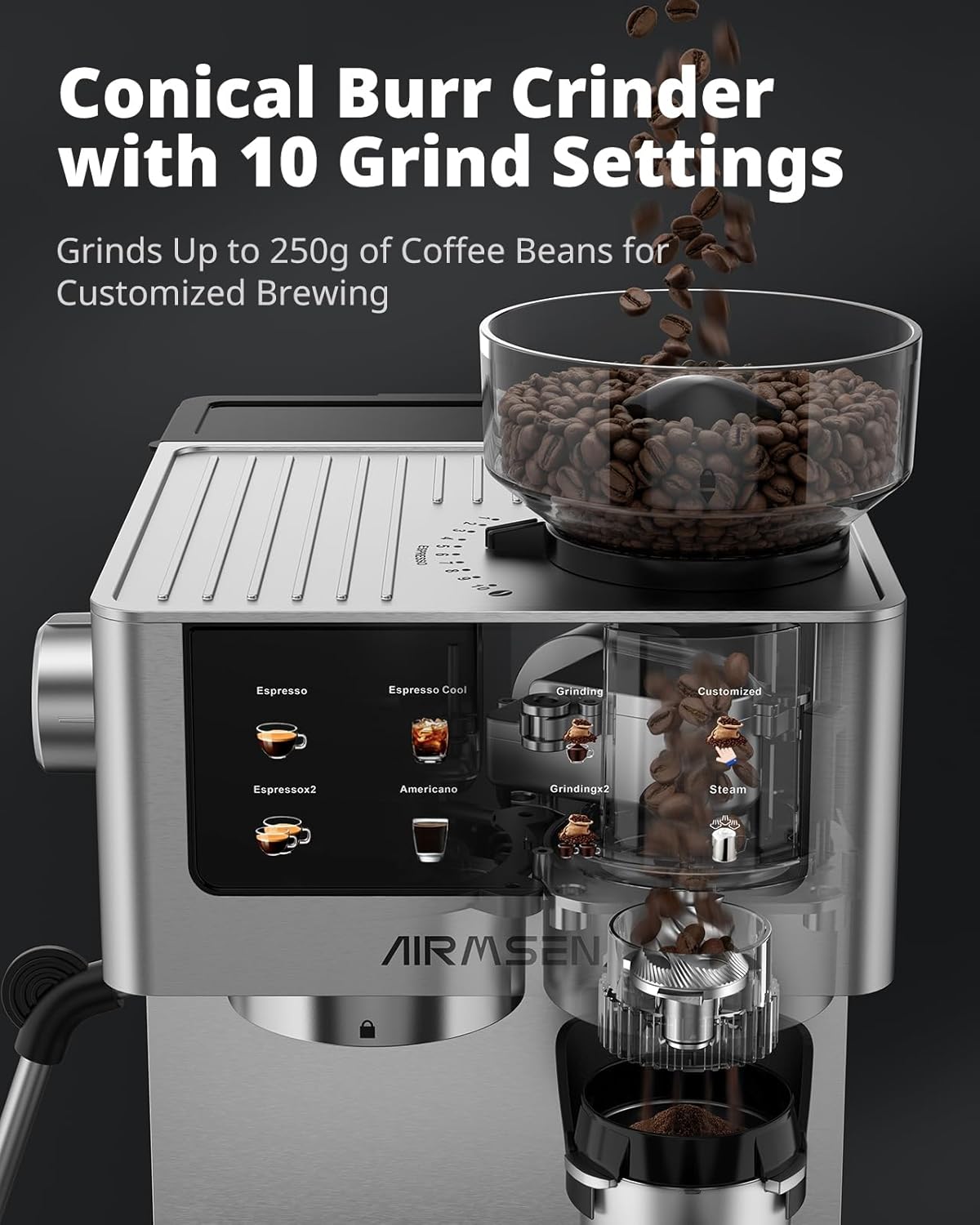 Thumbnail 3 de Airlmsen Bean to Cup Coffee Machine with Grinder & Milk Frother (20 bar) for home