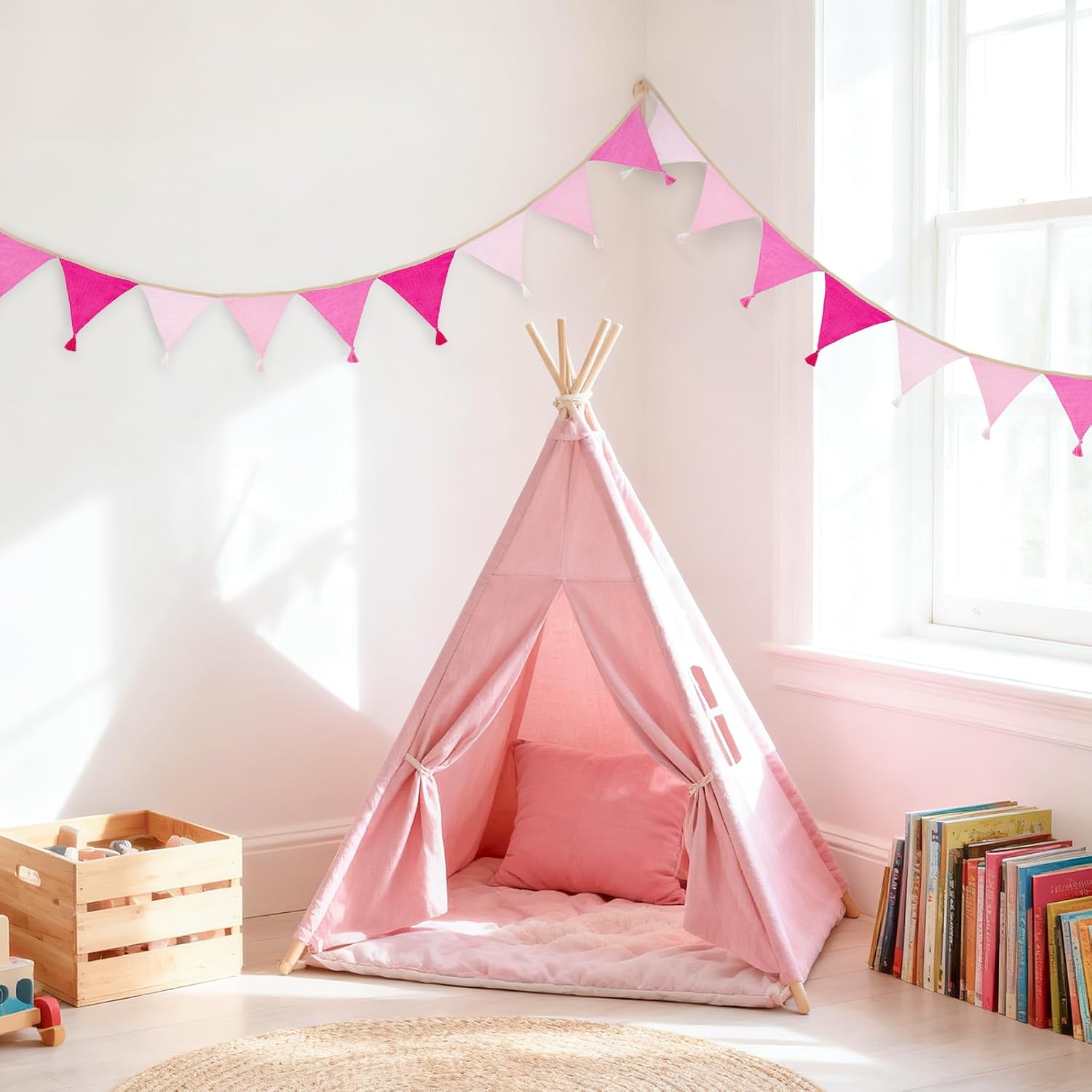 Detalle de jijAcraft Musselin-Wimpelkette fürs Kinderzimmer (rosa) mit Quasten, 2,8 m