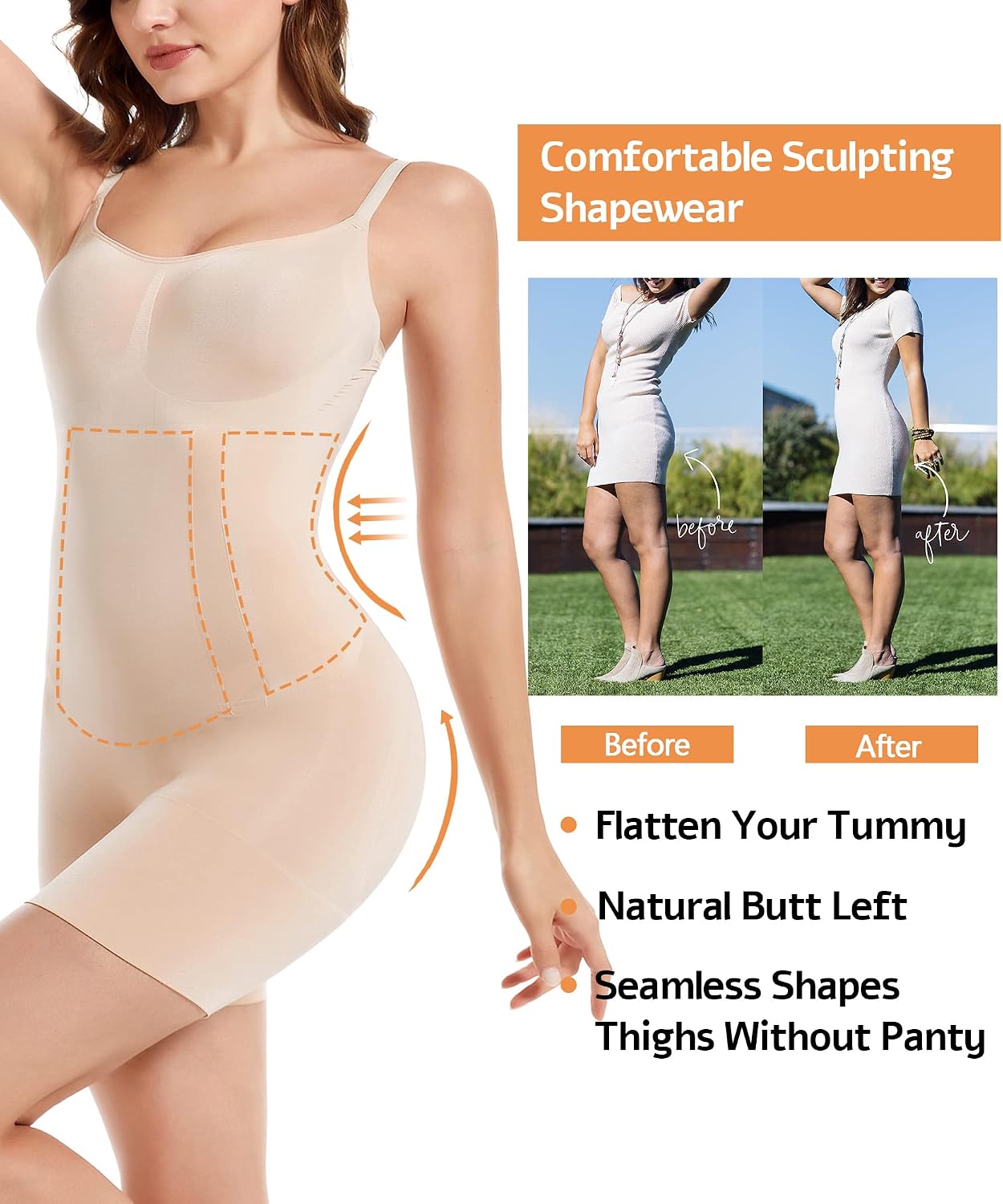 Detalle de SHAPERX Women Body Shaper Tummy Control Seamless Open Bust Mid-Thigh Bodysuit