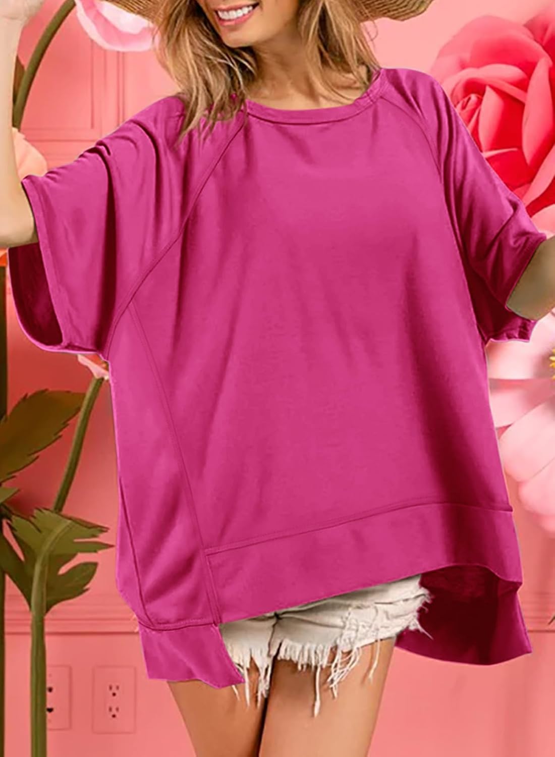 Detalle de Dokotoo Oversized T Shirts for Women: Crewneck, Short Sleeve, Lightweight & Loose High-Low Hem