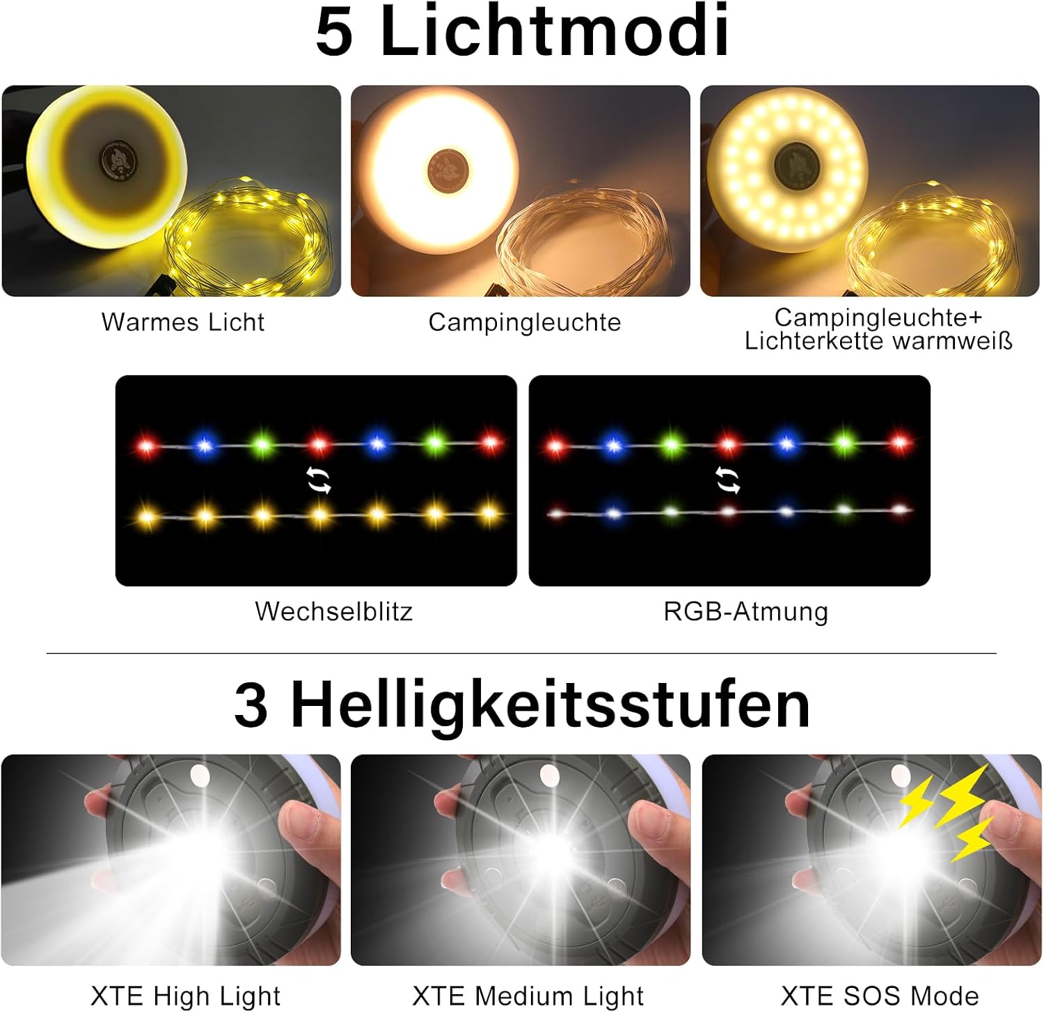 Detalle de Camping Lichterkette Aufrollbar & Wasserdicht – 10 m, 8 Beleuchtungsmodi, 2500 mAh Powerbank, USB-Aufladung – Ideal fürs Zelt, Garten & Festival