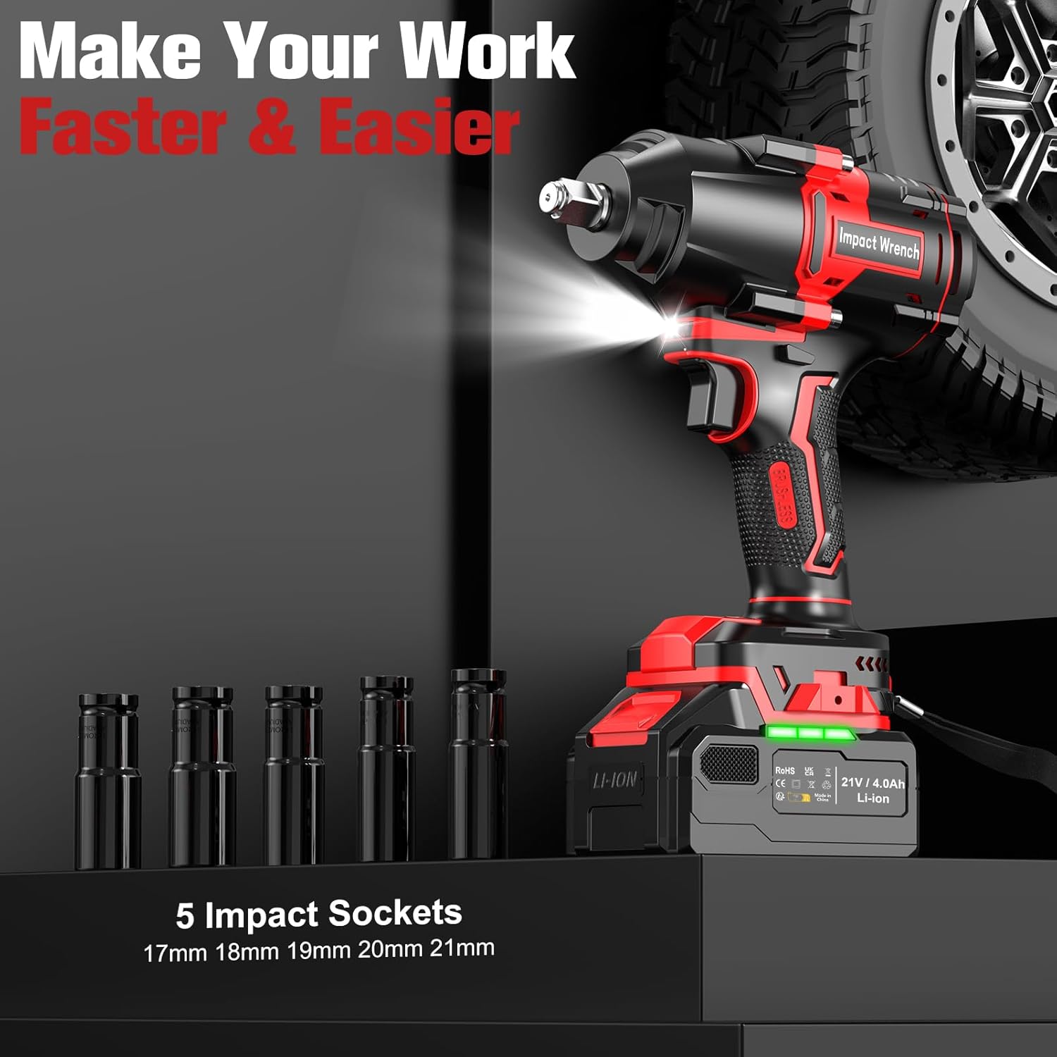 Detalle de Bamse Impact Wrench Cordless 1/2in brushless impact driver (21V) with 4000mAh battery, fast charger and 5 sockets