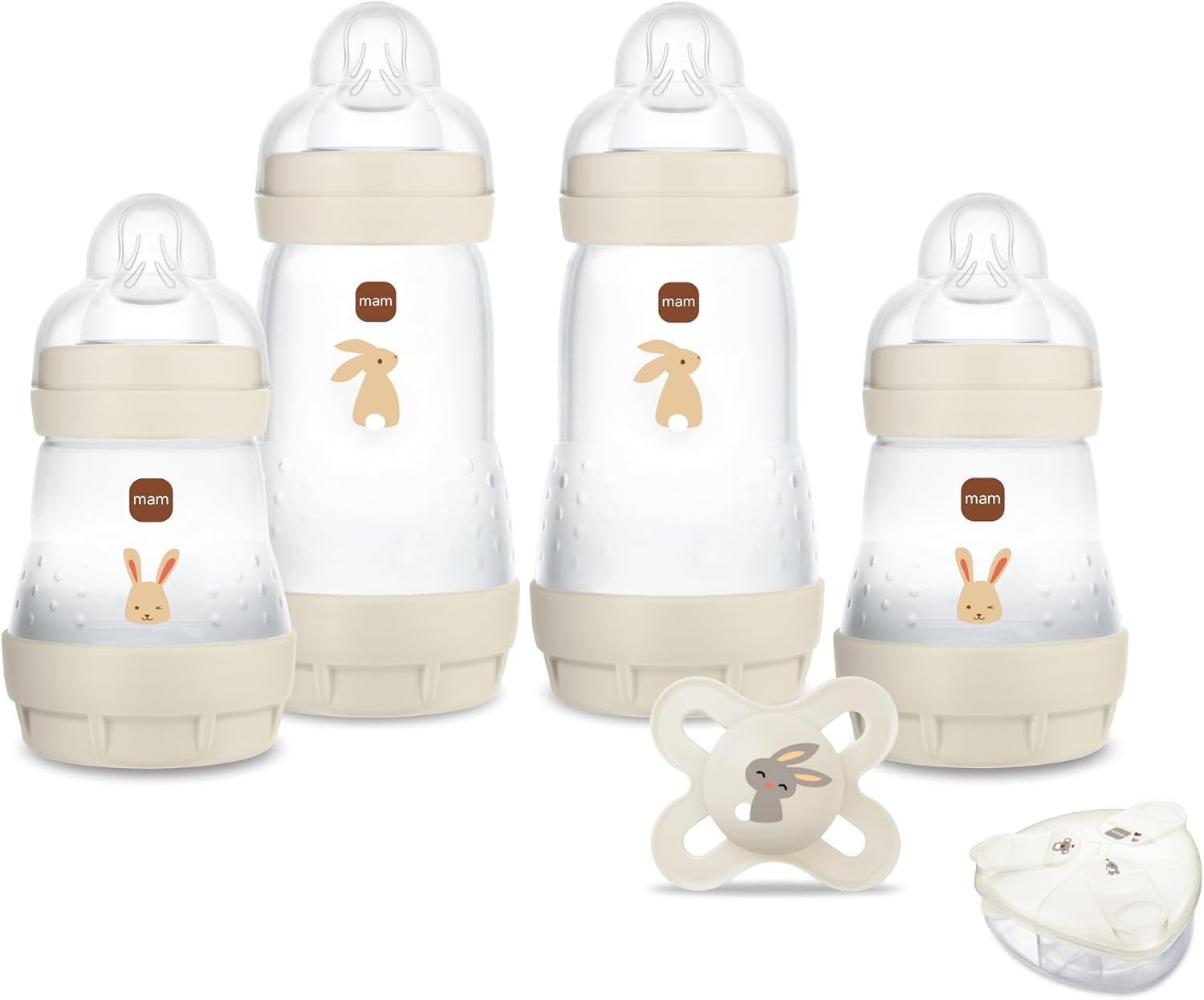 Detalle de MAM Coffret Naissance Bébé — 4 Biberons Easy Start Anti-Colique + Sucette Naissance + Boîte doseuse (Sable)