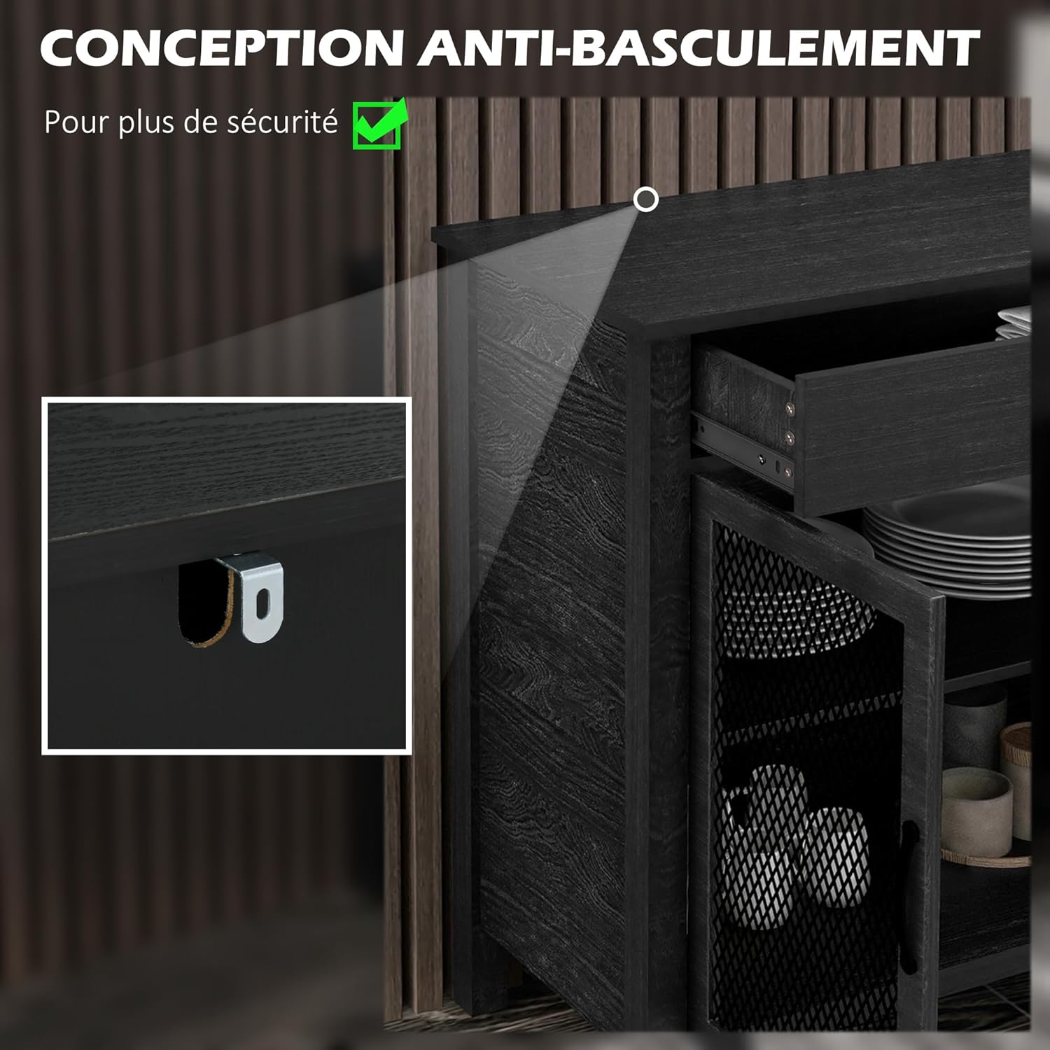 Thumbnail 6 de HOMCOM Buffet Bas 4 Portes – Style Industriel, Noir, 150 x 40 x 85 cm