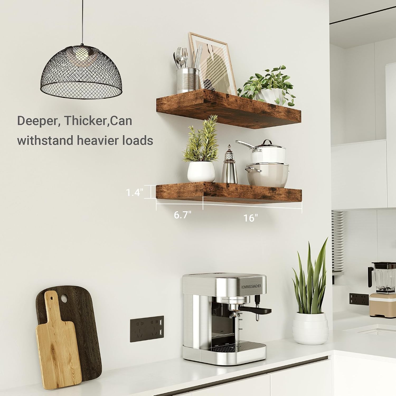 Detalle de Vivelove 16inch-2P-BR Floating Shelves, Rustic Brown, Set of 2