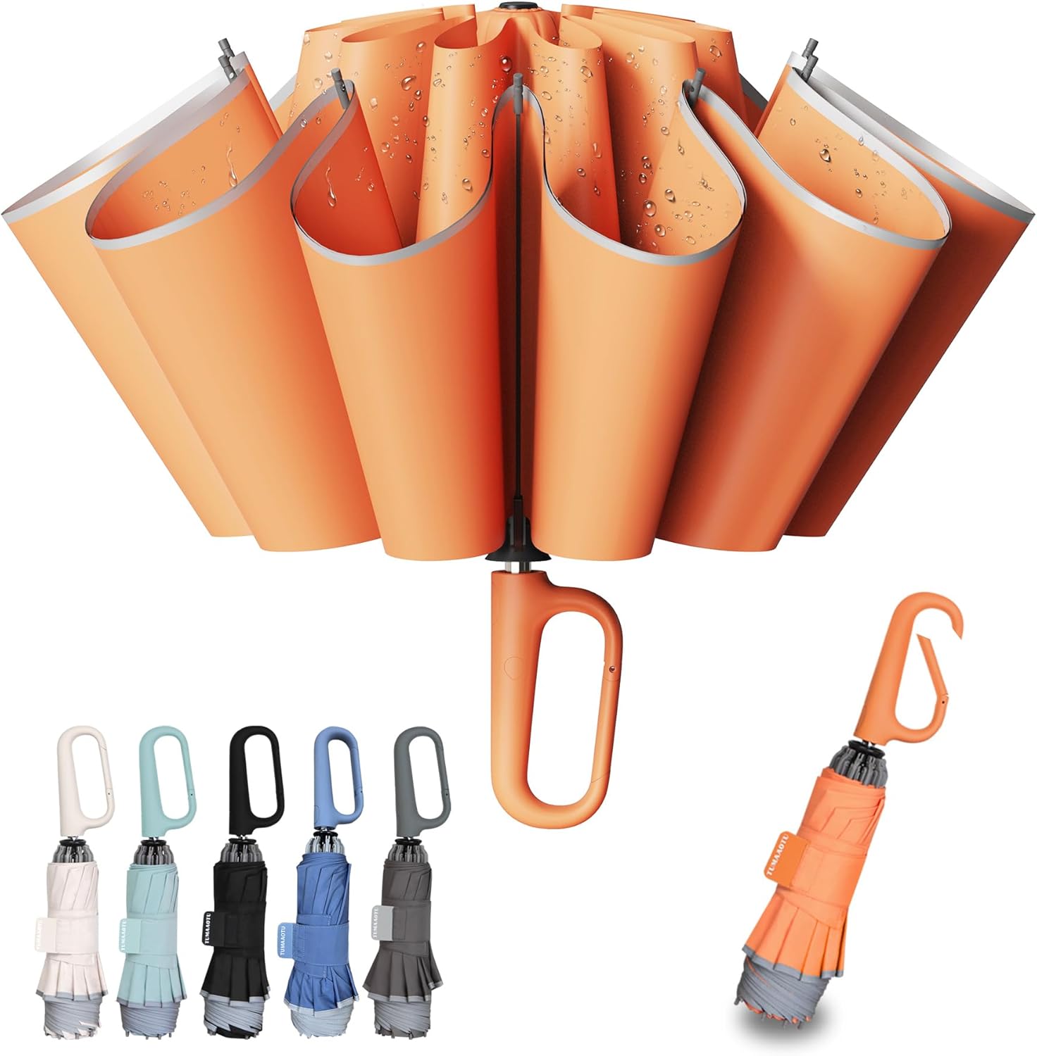 TUMAAOTU Compact Inverted Umbrella with Never Forget Carabiner Handle – windproof travel umbrella, auto open/close