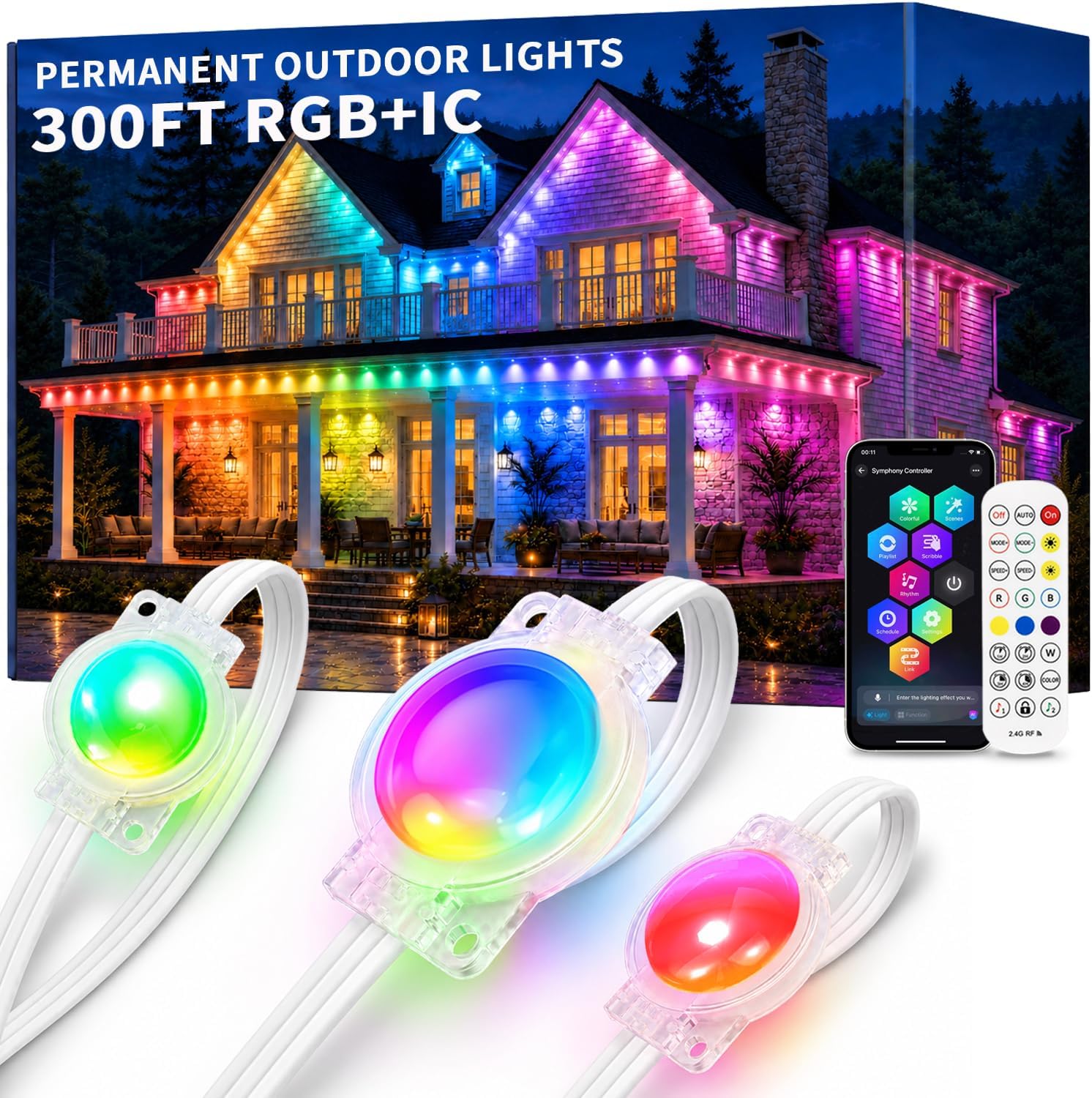 Detalle de YIBULAYIN 300FT Permanent RGBIC Outdoor Lights with App Control and IP67 Protection