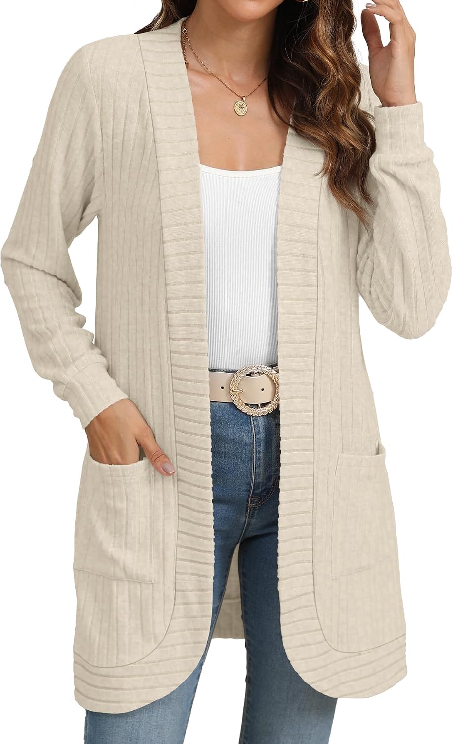 Detalle de YSYOKOW Women's Long Cardigan with Pockets — Open Front, Lightweight & Soft