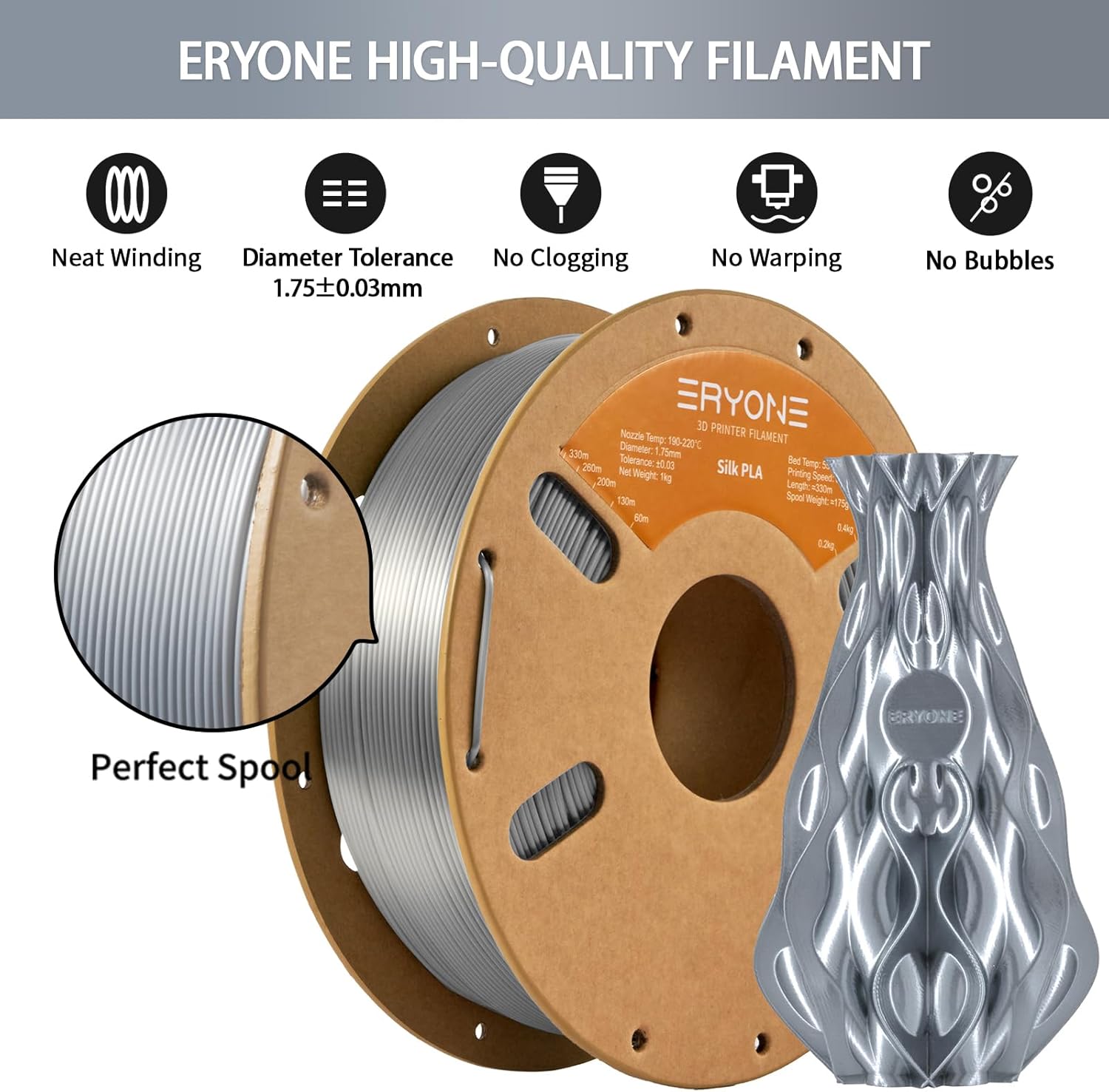 Detalle 2 de ERYONE Silk PLA 1.75mm 1kg spool — Silk Silver