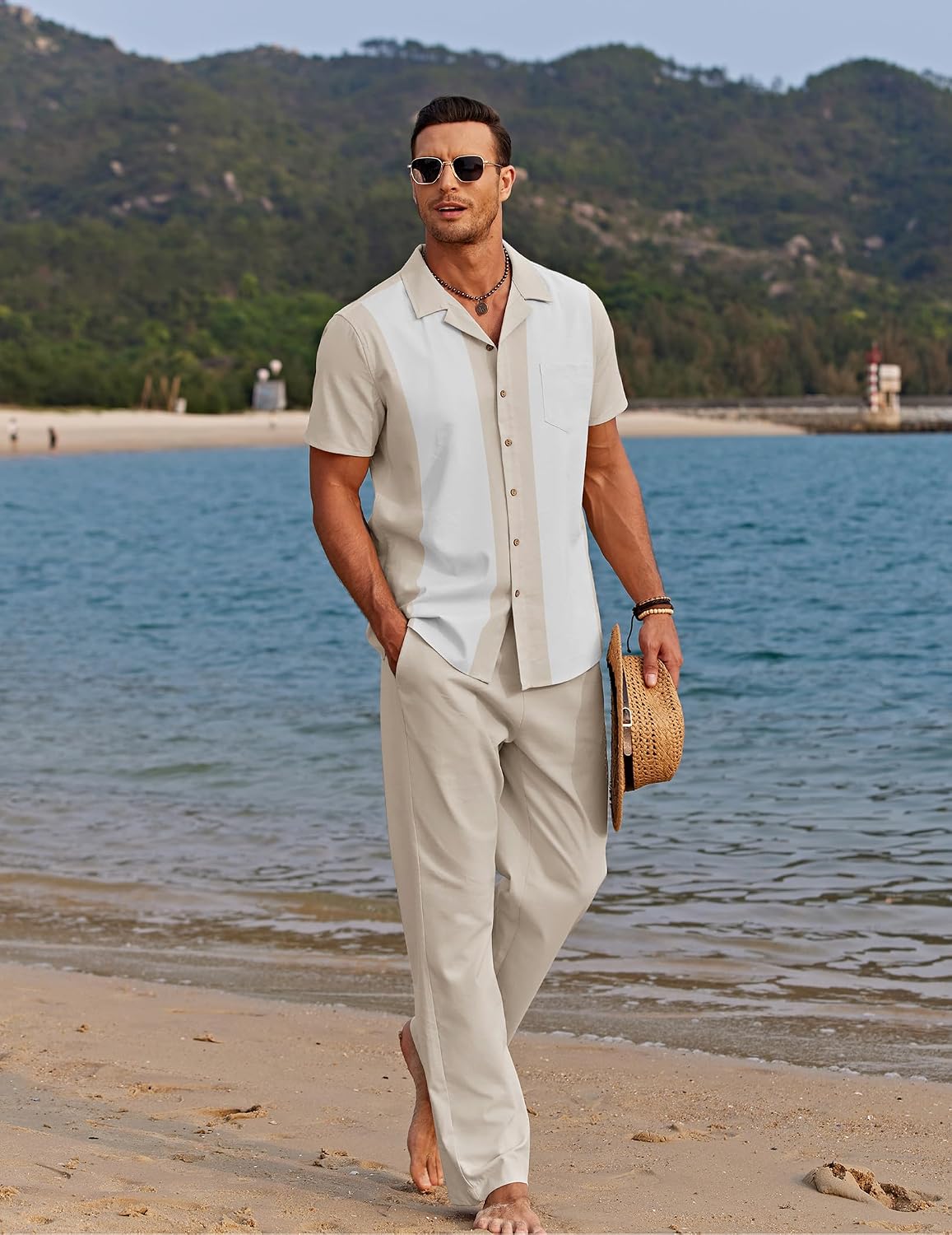 Detalle de COOFANDY Men 2 Piece Linen Outfit: Beach Button-Down Shirt & Loose Pant Set