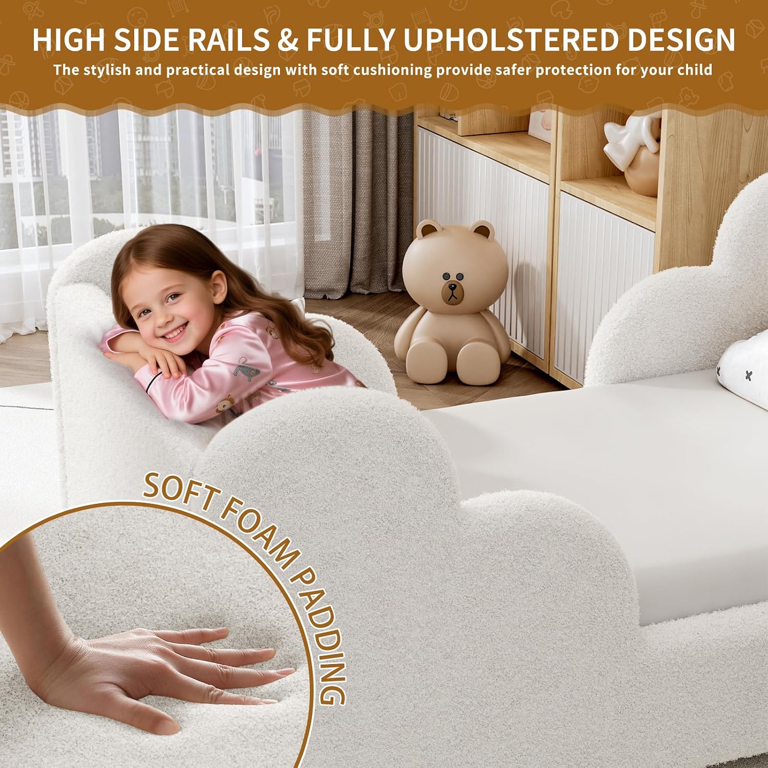 Detalle 1 de NAIZEA Toddler Floor Bed, Crib-Size Frame with Soft Cloud-Shaped Rails