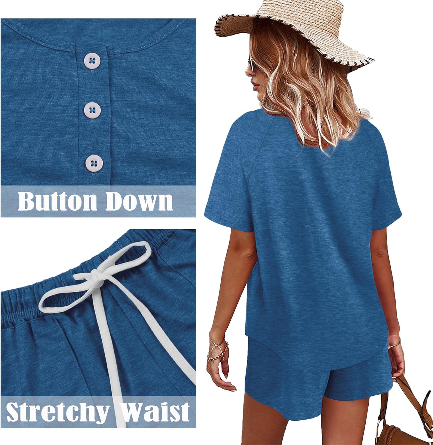 Detalle de WIHOLL Two-Piece Lounge Set for Women: Button-Down Top and Drawstring Shorts with Pockets