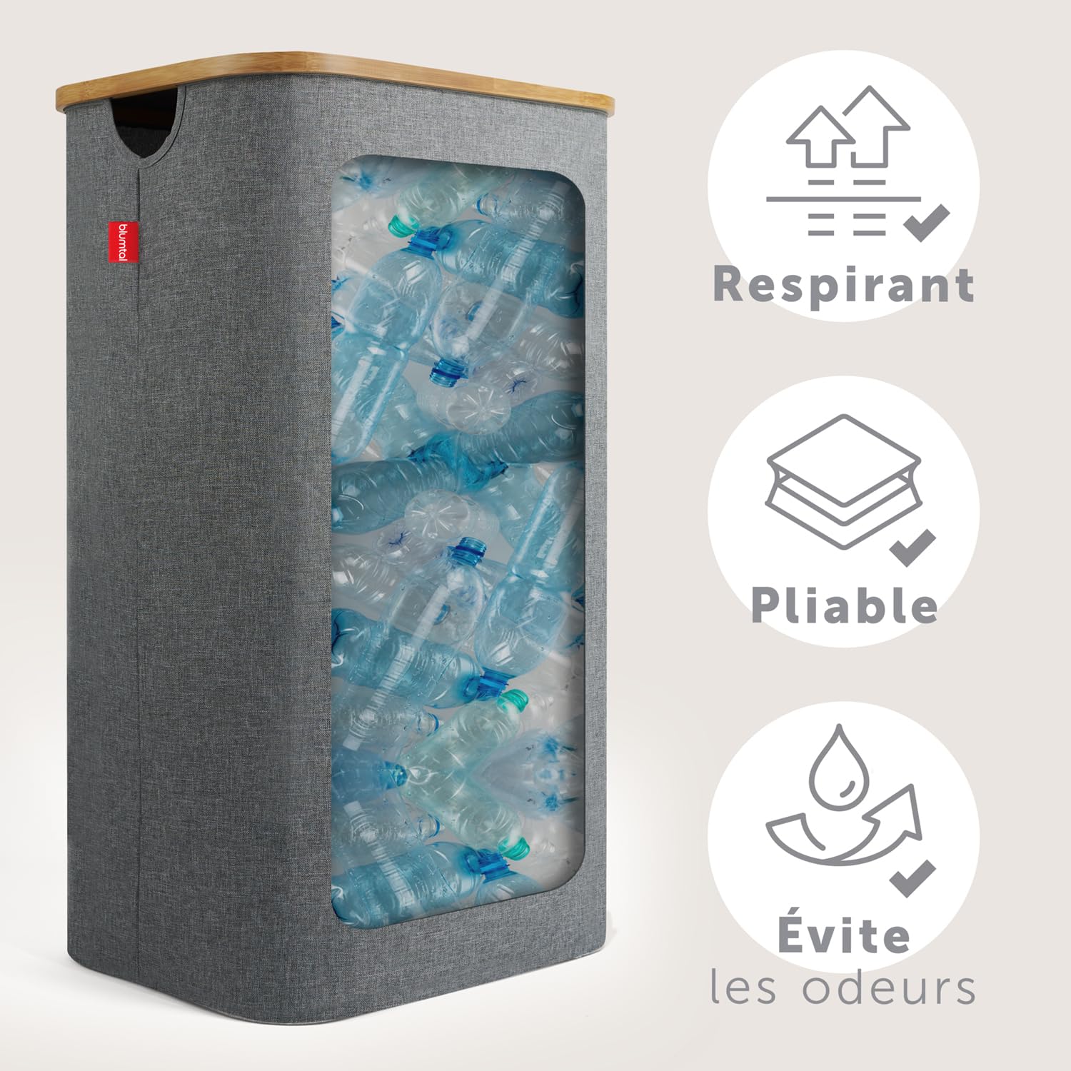 Detalle de Blumtal conteneur de consigne pour bouteilles 100L en bambou avec sac de transport et effet anti-odeur
