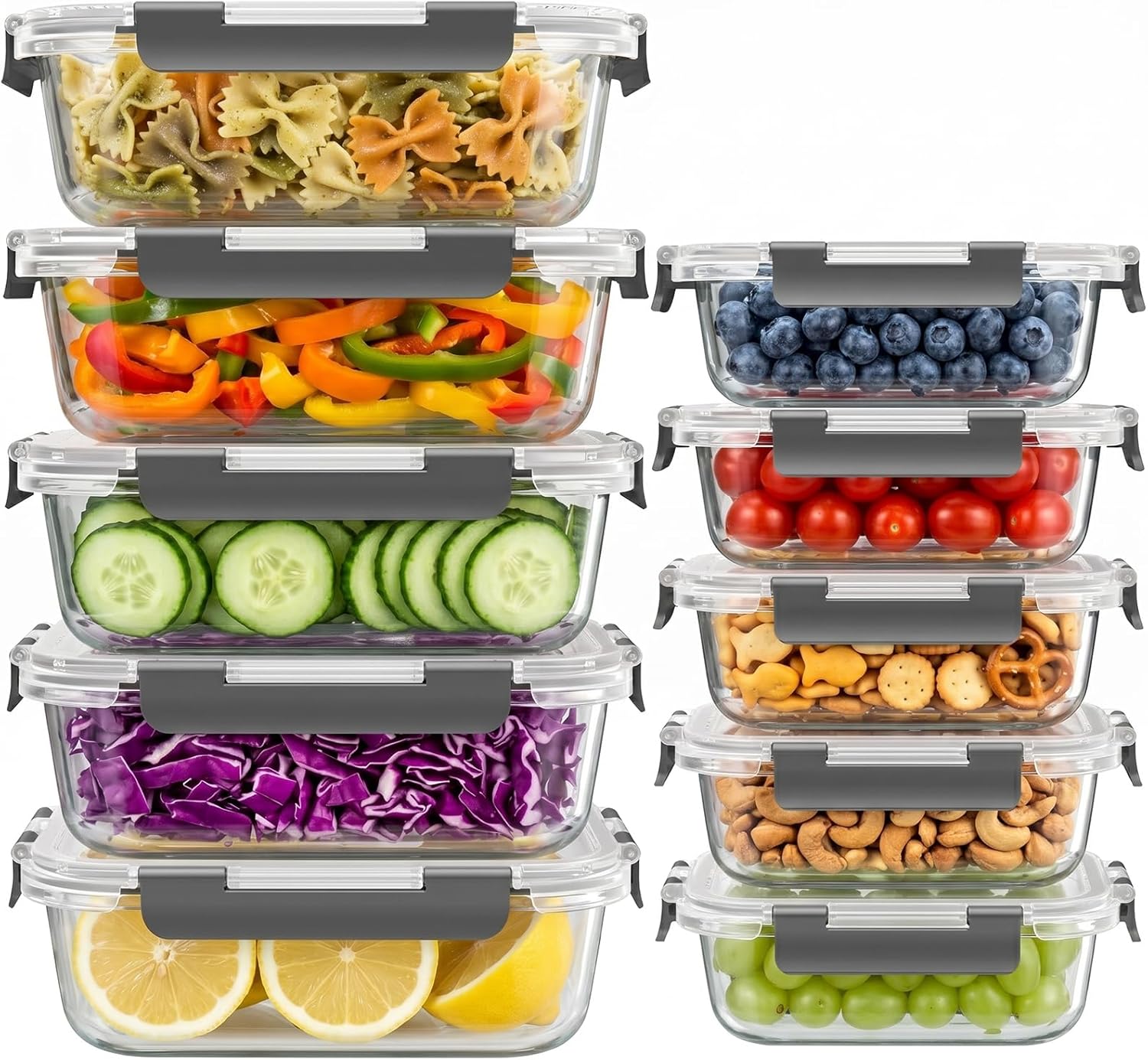 Detalle de Dealusy Glass Food Storage Containers, 36 oz & 12 oz, Gray, 10-Pack