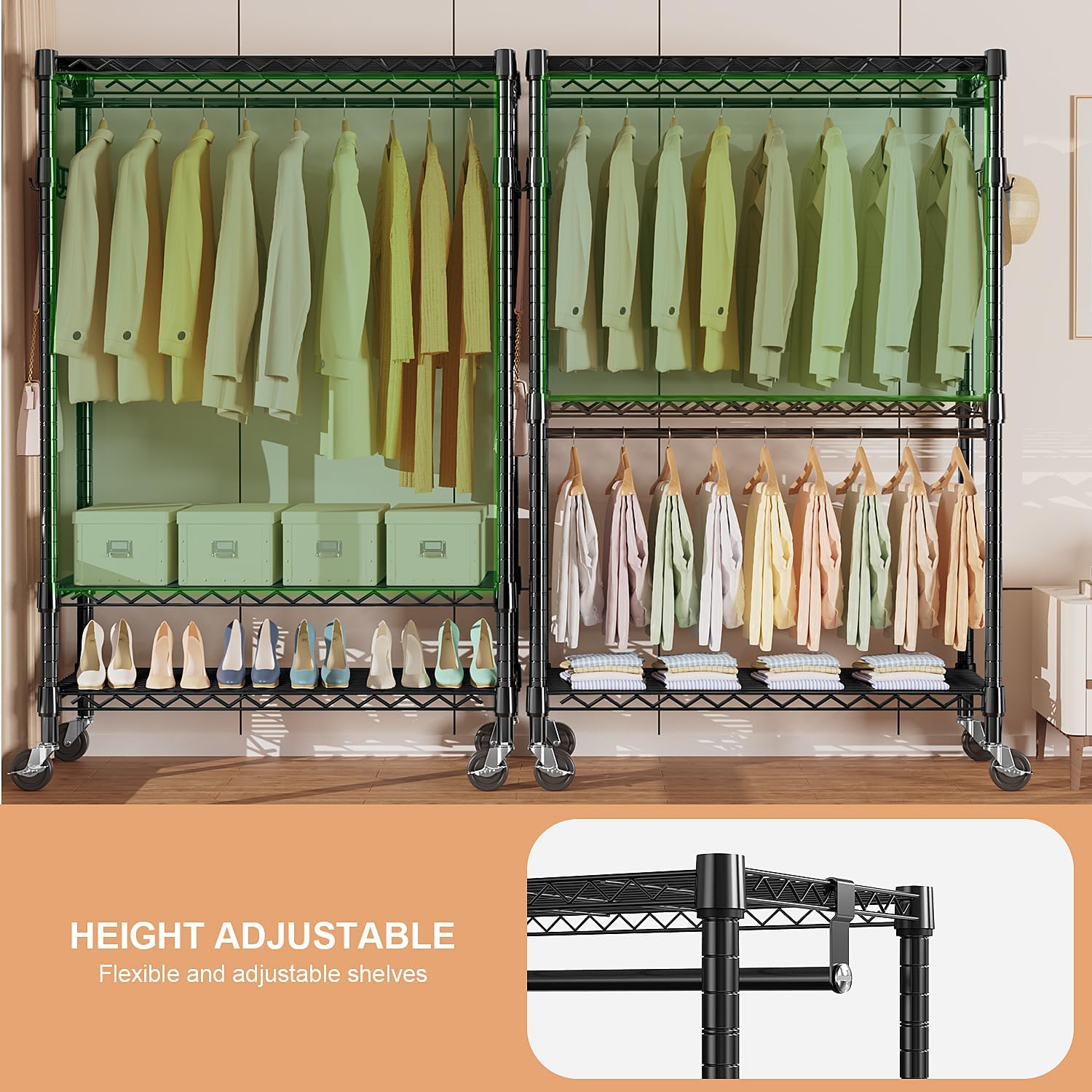 Thumbnail 4 de M MZG A45120205VBK302 Heavy-Duty Rolling Garment Rack, 3 Shelves, 2 Rods