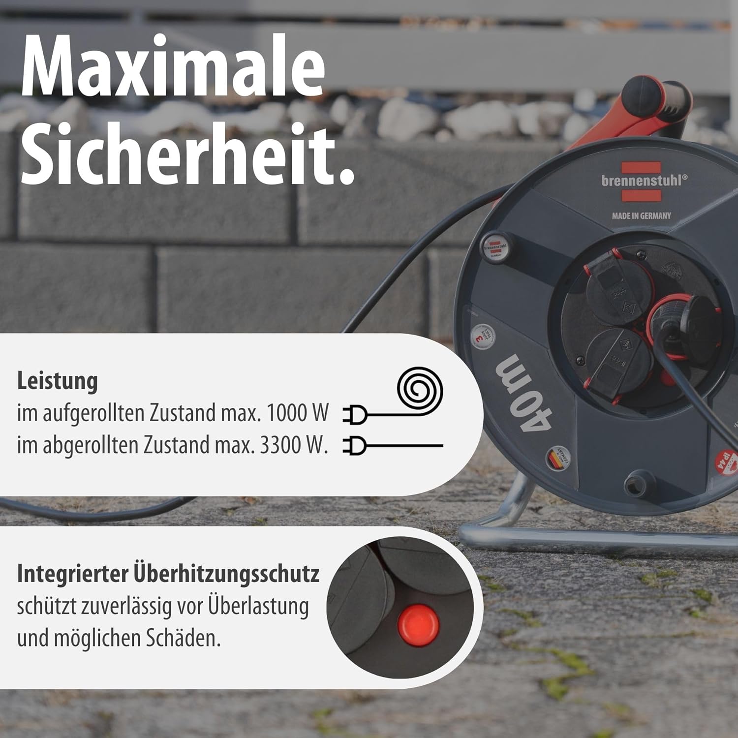 Detalle de Brennenstuhl Garant V2 IP44 Kabeltrommel 40 m outdoor – robuste Außenkabelführung mit IP44-Schutz