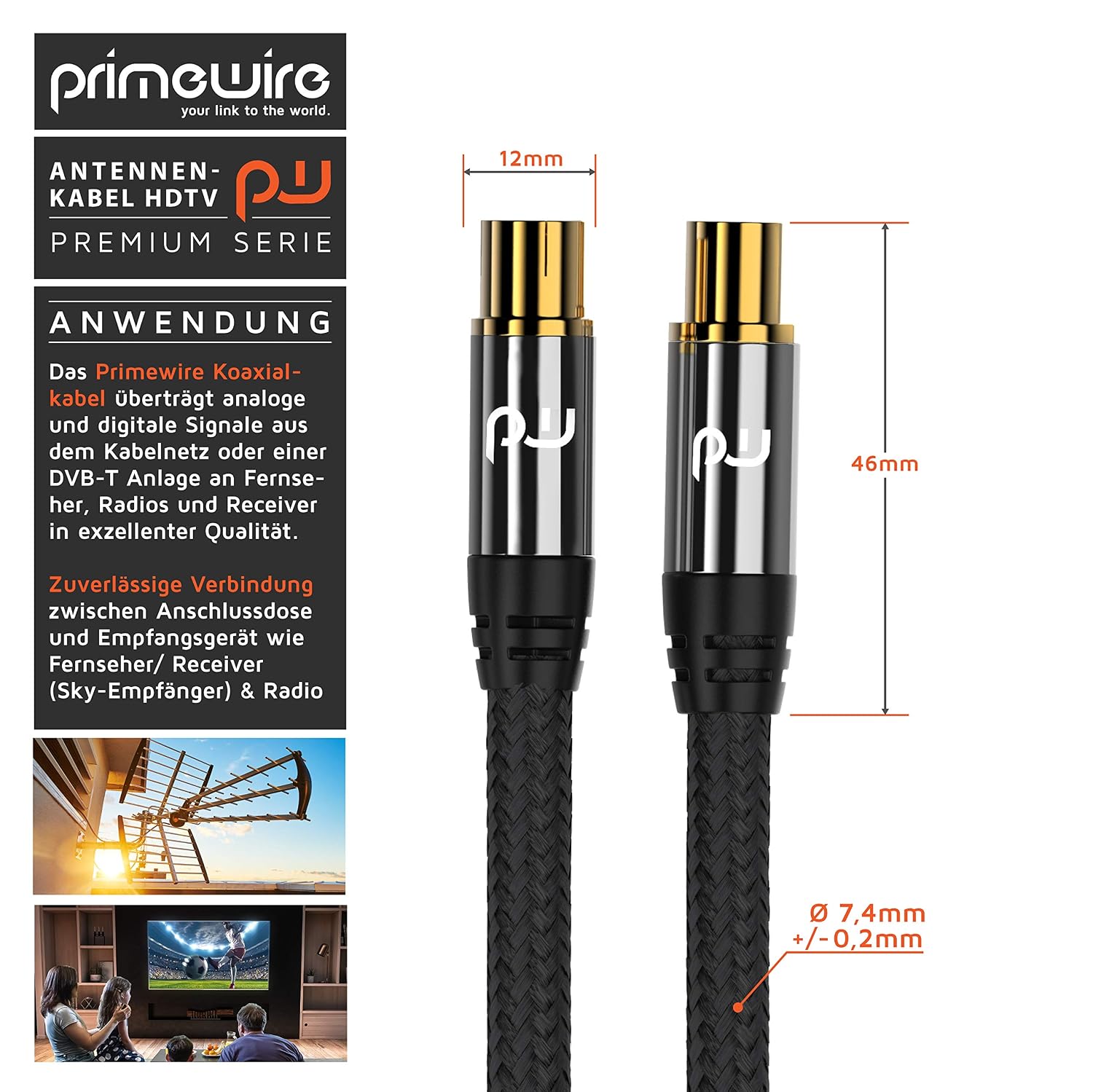 Detalle 2 de CSL-Computer Primewire Premium antennkabel, 2 m, textilöverdrag, 135 dB