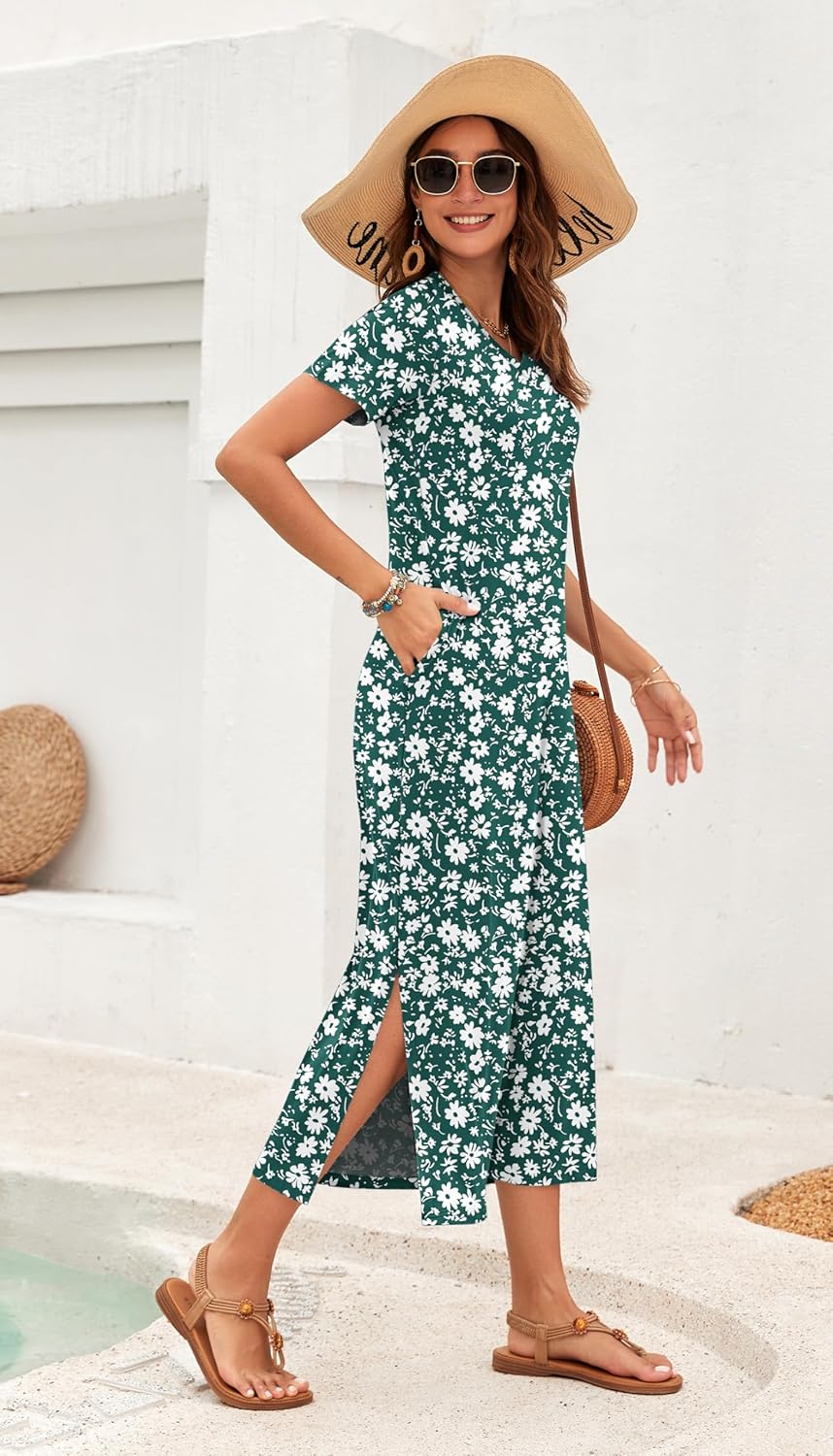 Detalle de Robe longue d'été AUSELILY pour femmes - col en V, poches et manches courtes
