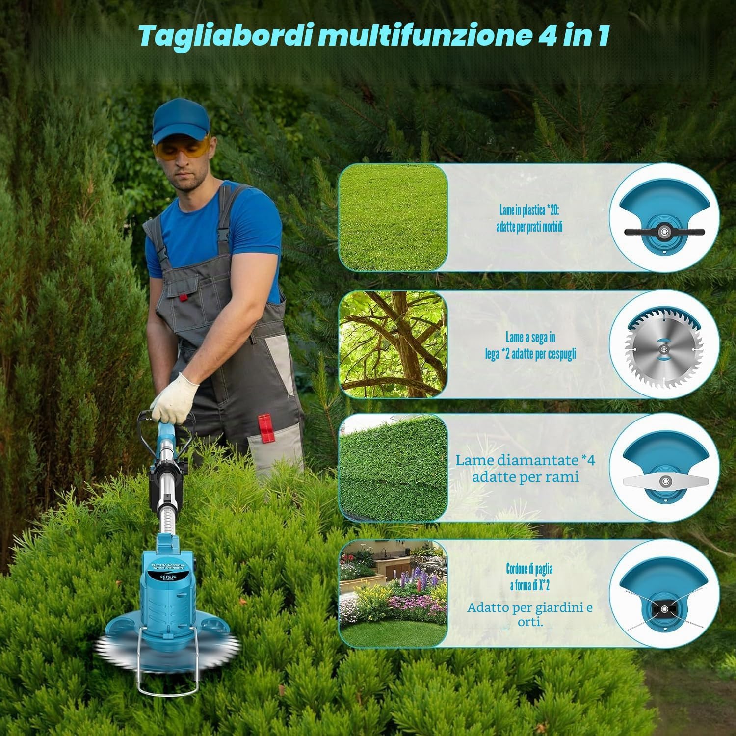 Detalle de Decespugliatore a Batteria 21V 500W con Kit 2 Batterie e 4 Lame: pratico, versatile e pieghevole