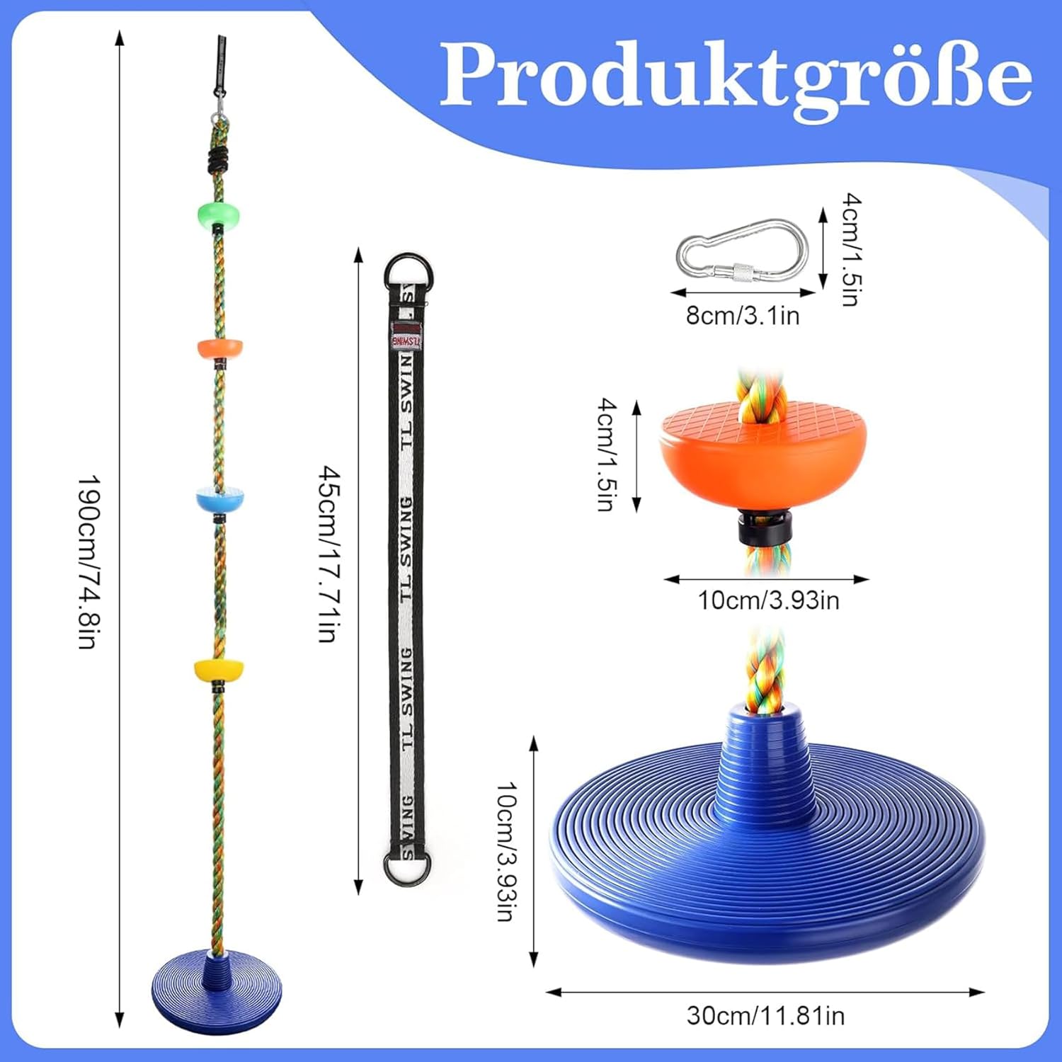 Thumbnail 1 de Ausbond Kletterseil-Schaukel – Outdoor-Kinderschaukel mit verstellbarer Seillänge und Sitzplatte (bis 200 kg, Blau)