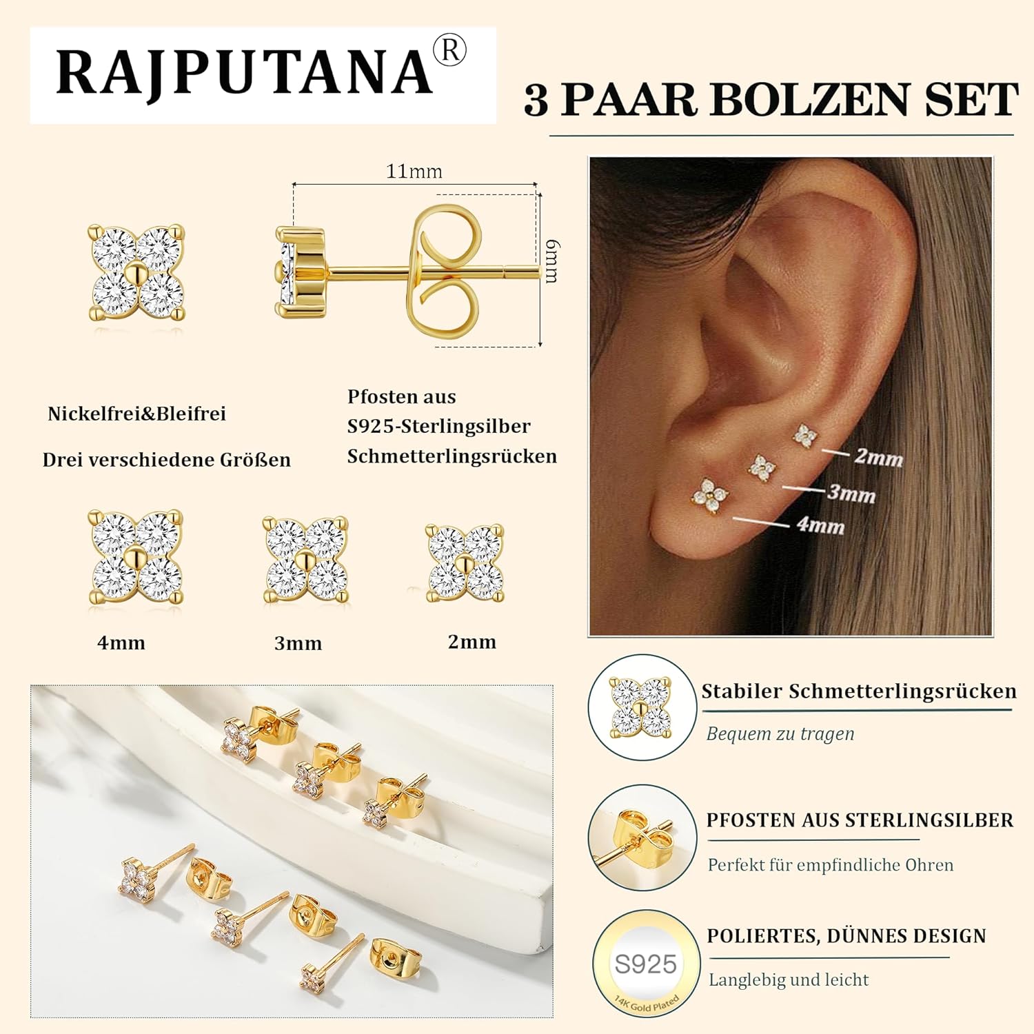 Detalle 2 de RAJPUTANA 3 Paar kleine Ohrringe aus 925 Sterling Silber (hypoallergen) inkl. CZ – Set mit 14K vergoldeten Ohrsteckern