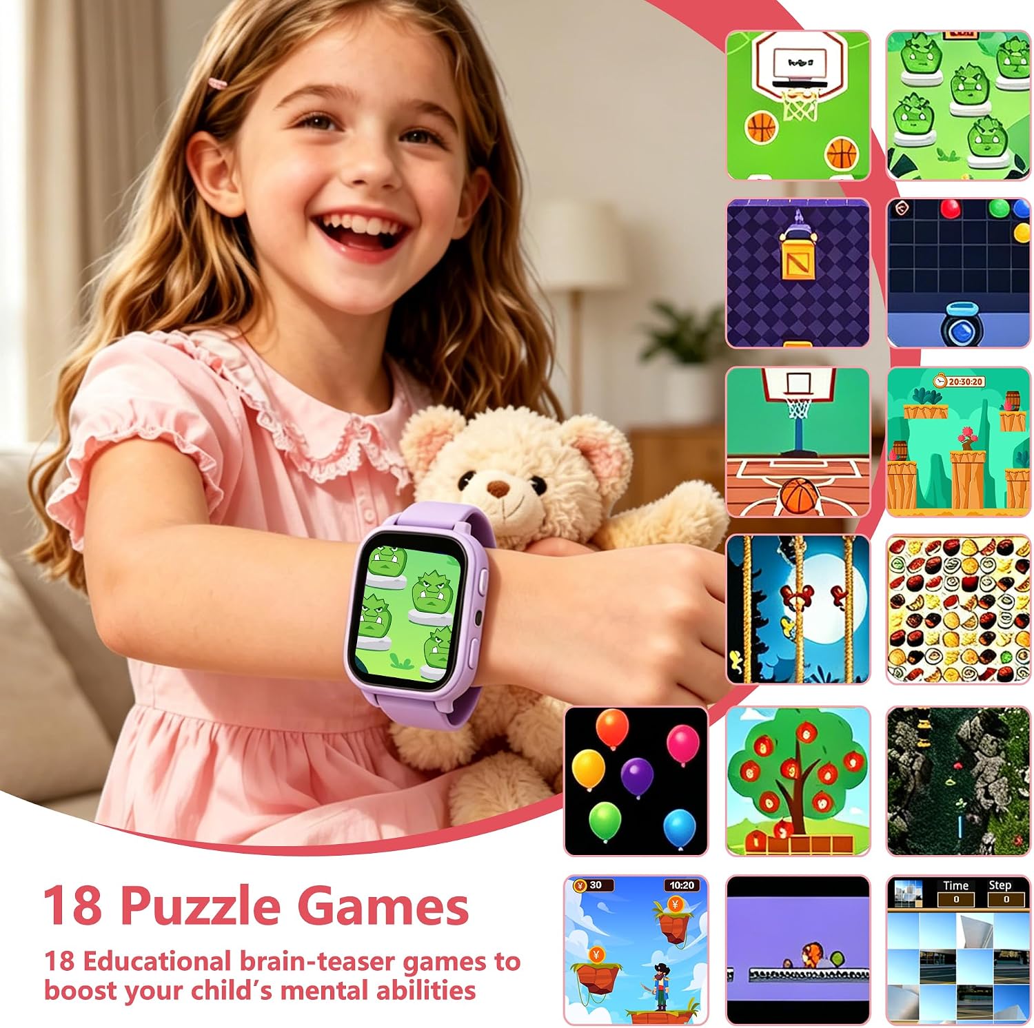 Detalle de Smartwatch Bambini 1.83": Orologio educativo e fitness per ragazzi con 18 giochi, monitoraggio sonno e IP68