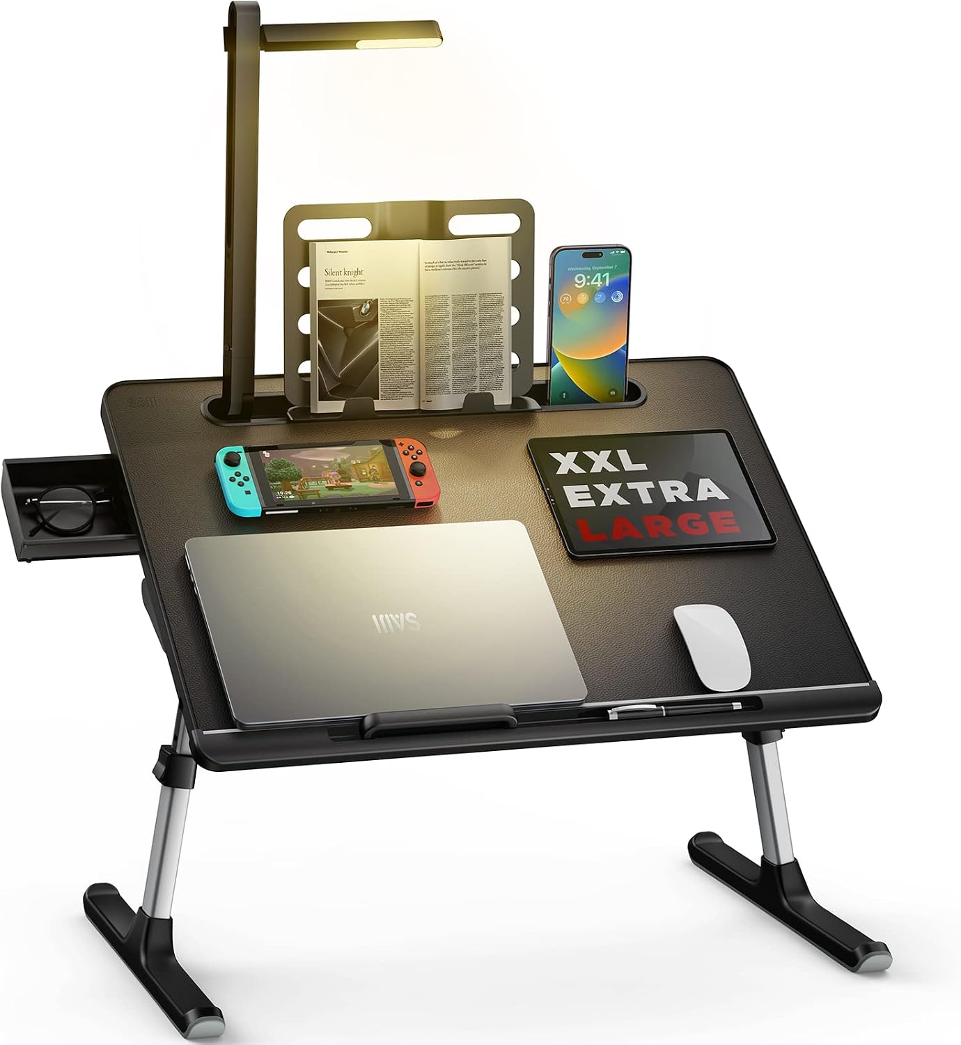 Detalle de SAIJI Bed Desk Laptop Table (Lapdesk) with 3-Mode LED Lamp, Adjustable Height & Angles – Black, 23.6 x 17.7in