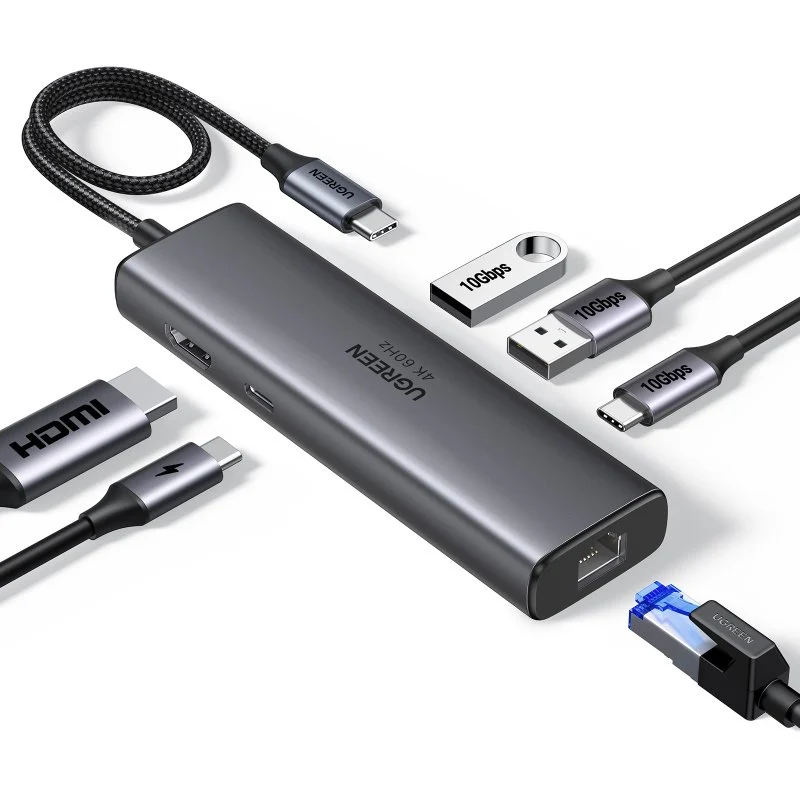 Detalle de Hub Ugreen 6 en 1 USB-C: HDMI 4K@60Hz, 2x USB-A 3.2, USB-C 3.2, RJ45 y Power Delivery 100W
