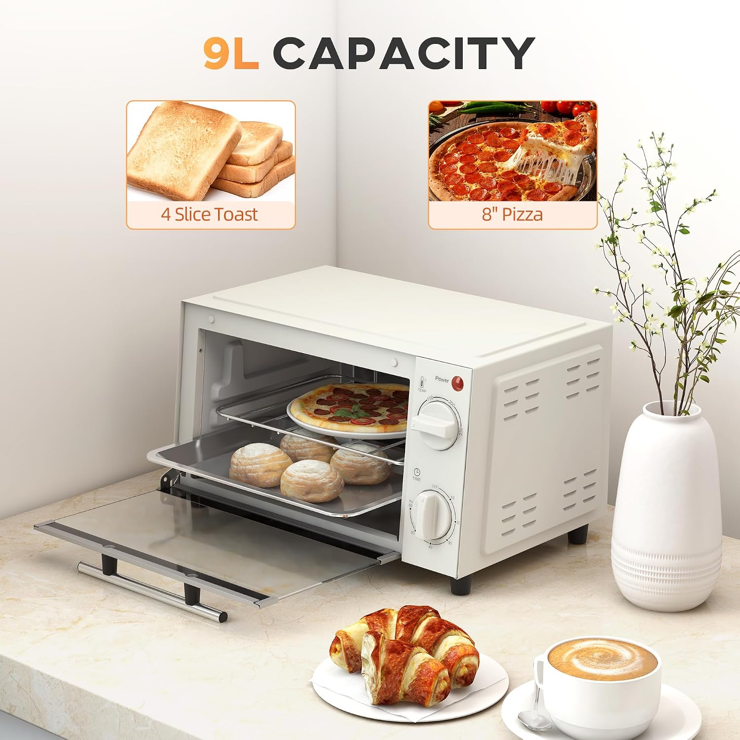 Detalle de HOMCOM Mini Oven 9L Toaster Oven with Adjustable Temperature 750W Cream