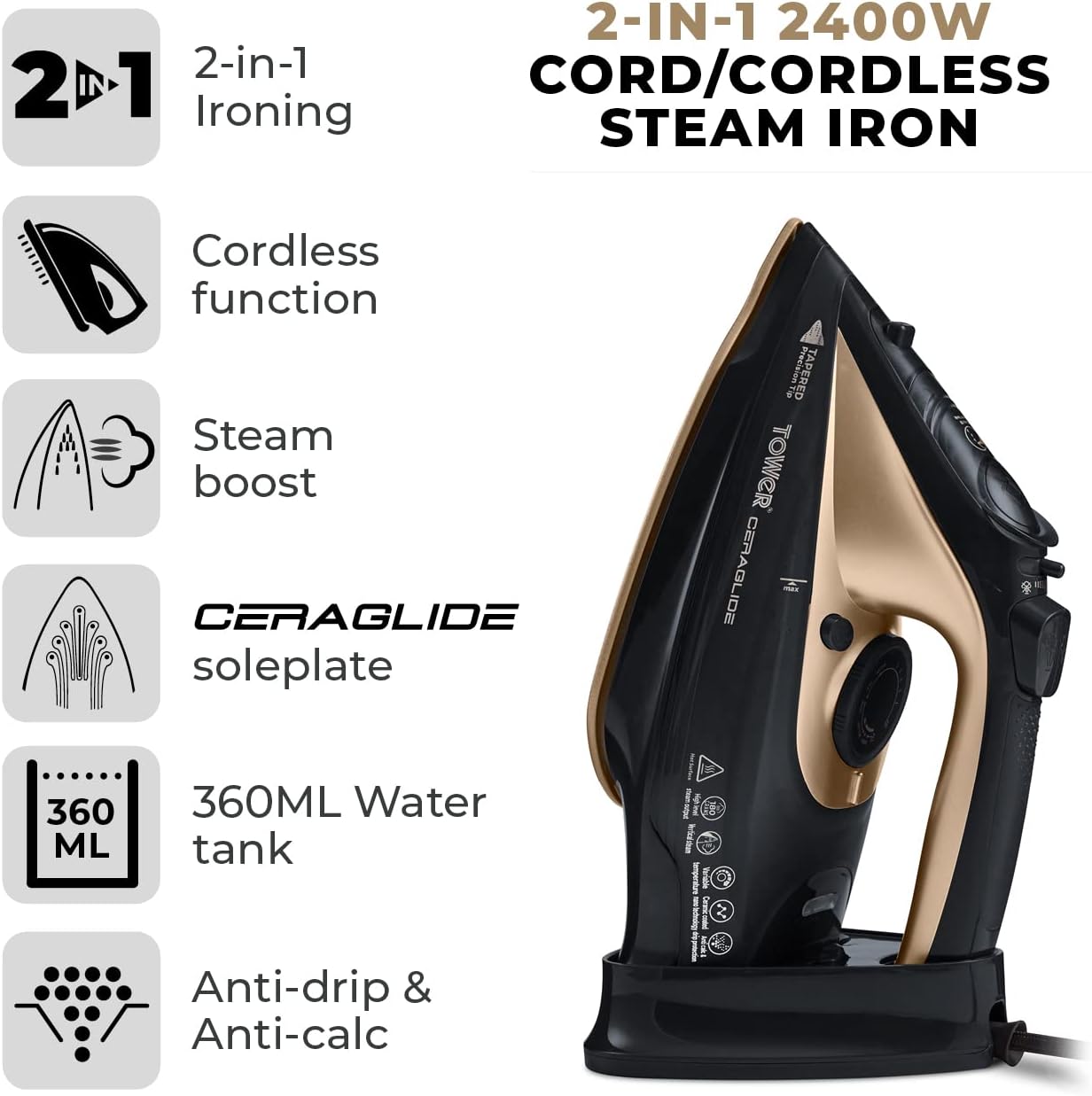 Detalle 2 de Tower T22008BKG CeraGlide cordless steam iron 🔌