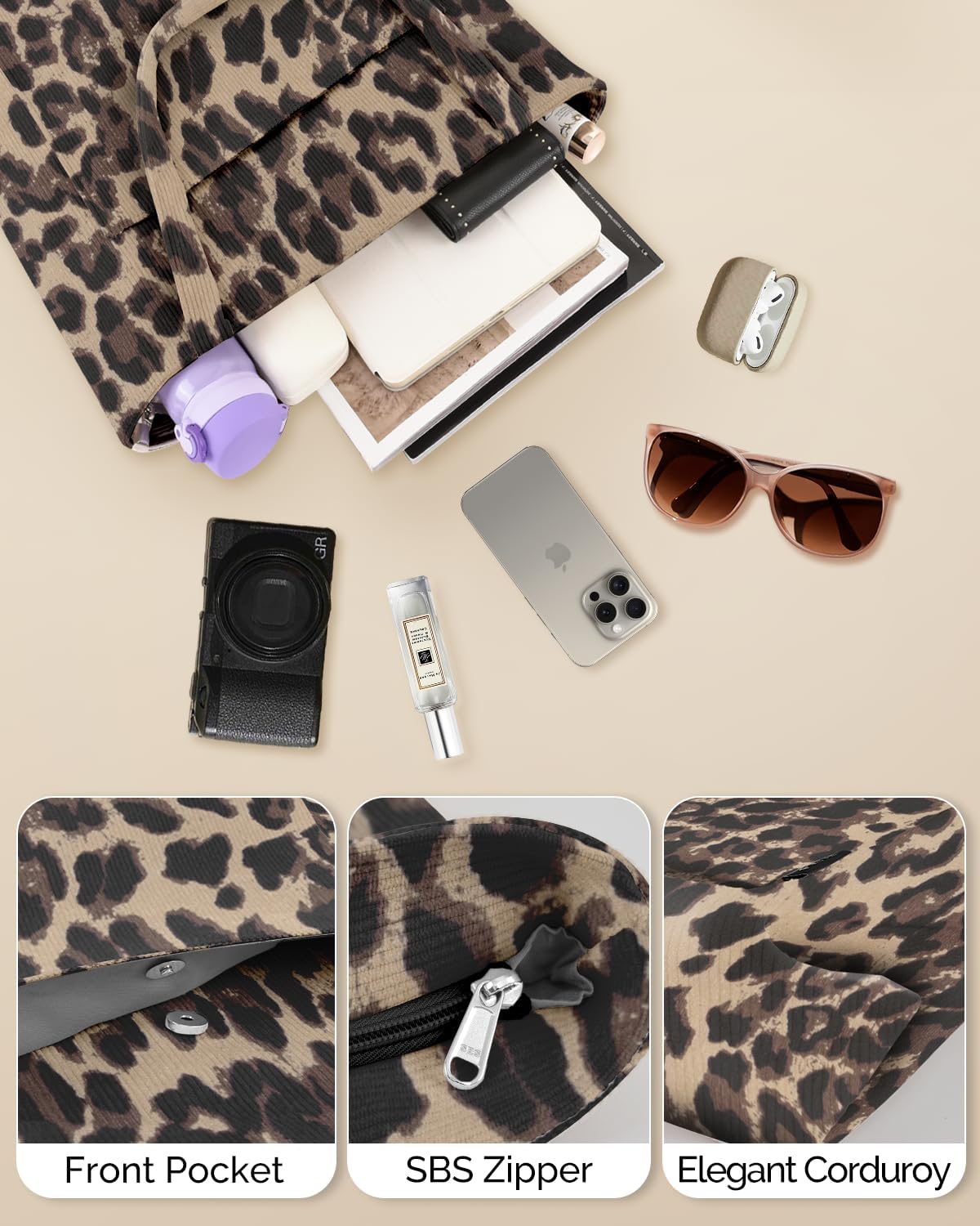 Detalle 2 de Prite Corduroy Leopard Tote Bag for Women – Large Corduroy Shoulder Bag with Zipper & Pockets