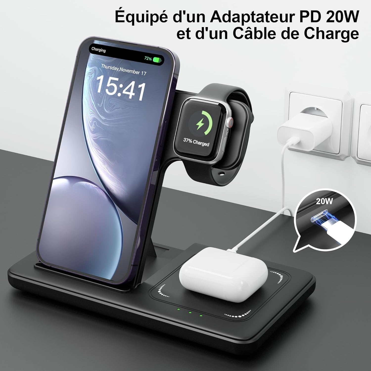 Thumbnail 1 de Wallgong Chargeur induction 3 en 1 15W pour iPhone, Apple Watch et AirPods (station de charge sans fil)