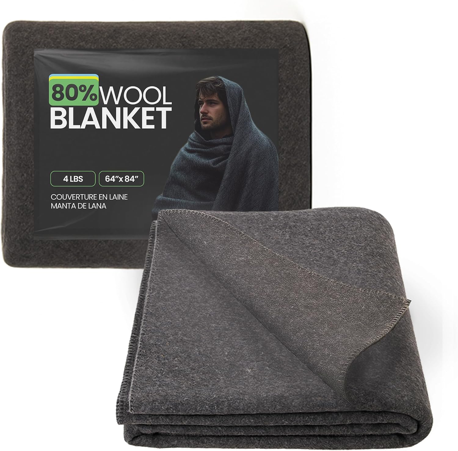 Detalle de 72 HRS 72HRSWOOLBLANKETS Winter Camping Blanket, 80% Wool, Black
