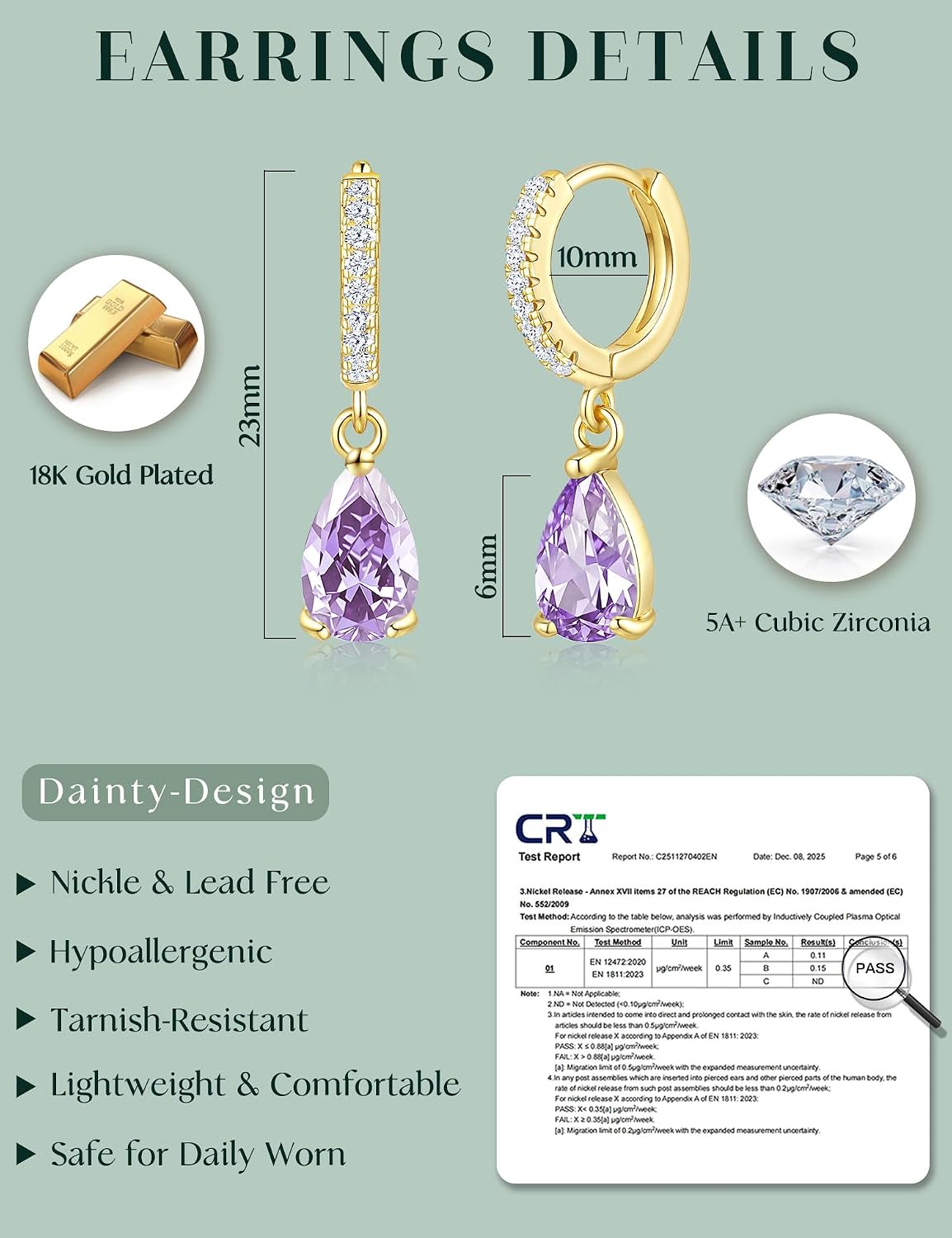 Detalle de ZNBOH Goldene Hängende Ohrringe mit 18K Vergoldung, Geburtsstein-Zirkonia – Rubin, Aquamarin & weitere