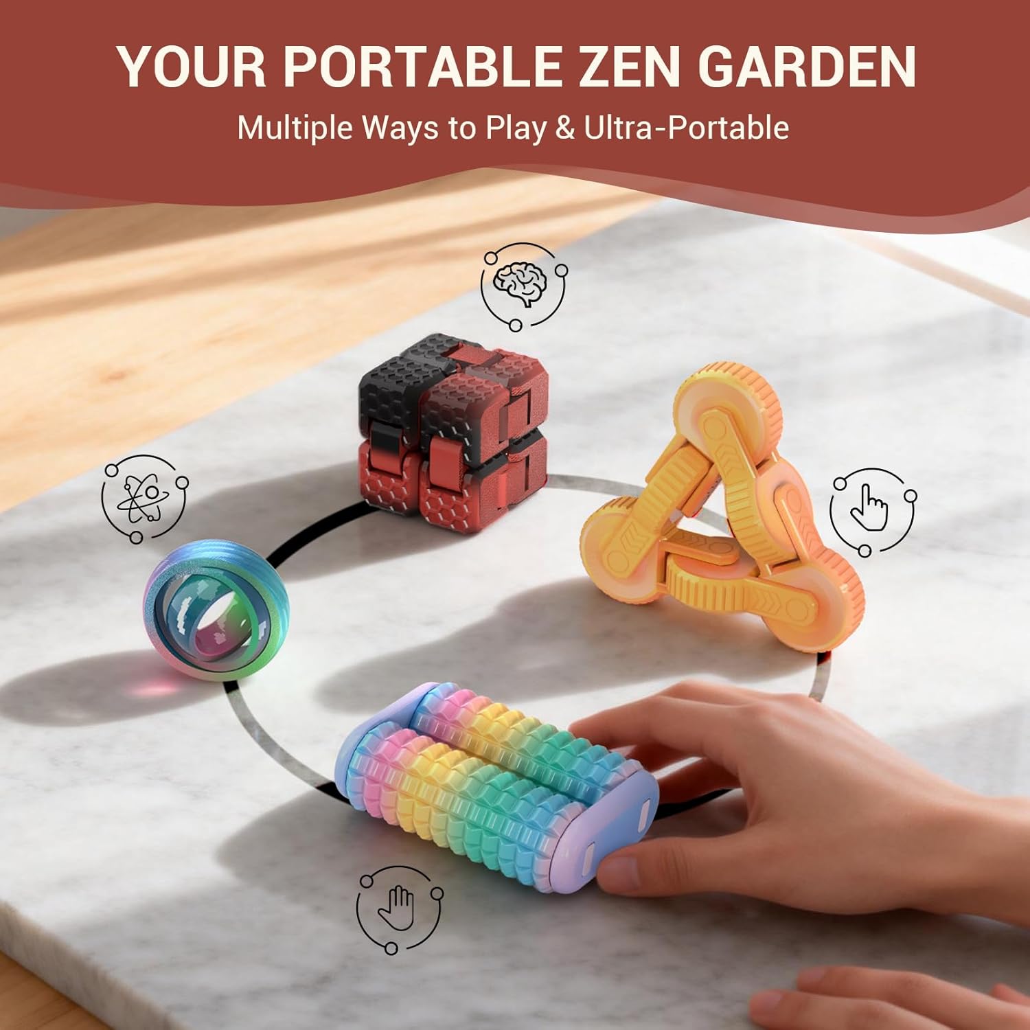 Detalle 2 de JOYBLI 4-Piece Handheld Fidget Toy Set for Adults & Kids (Finger Spinners, Infinity Cube, Fidget Cube, Massage Roller)