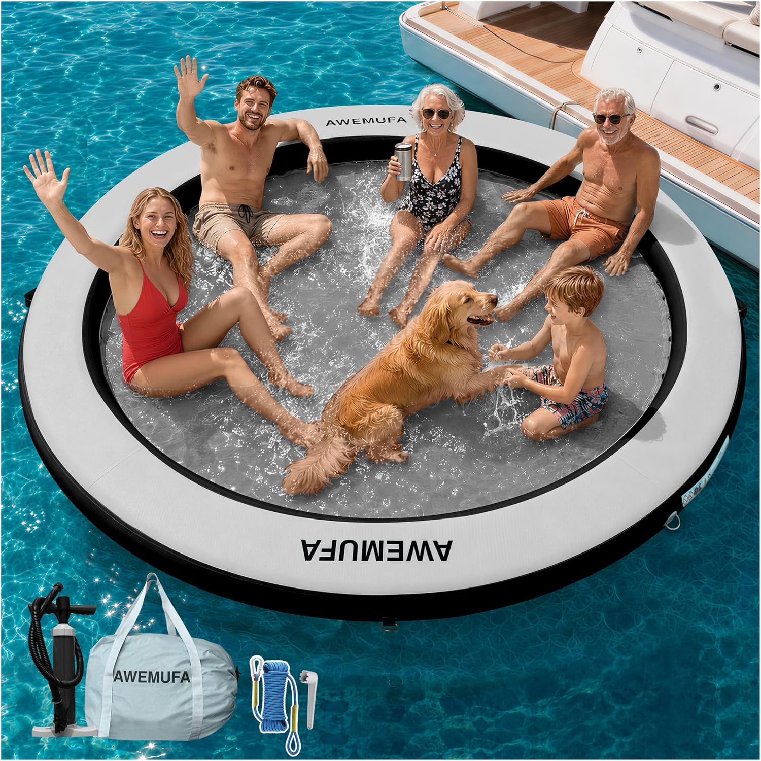 Detalle de AWEMUFA Water Hammock Floating Island — 6/8/10/12 ft Heavy-Duty Round Ring with Mesh, Ideal for Lakes and Pools