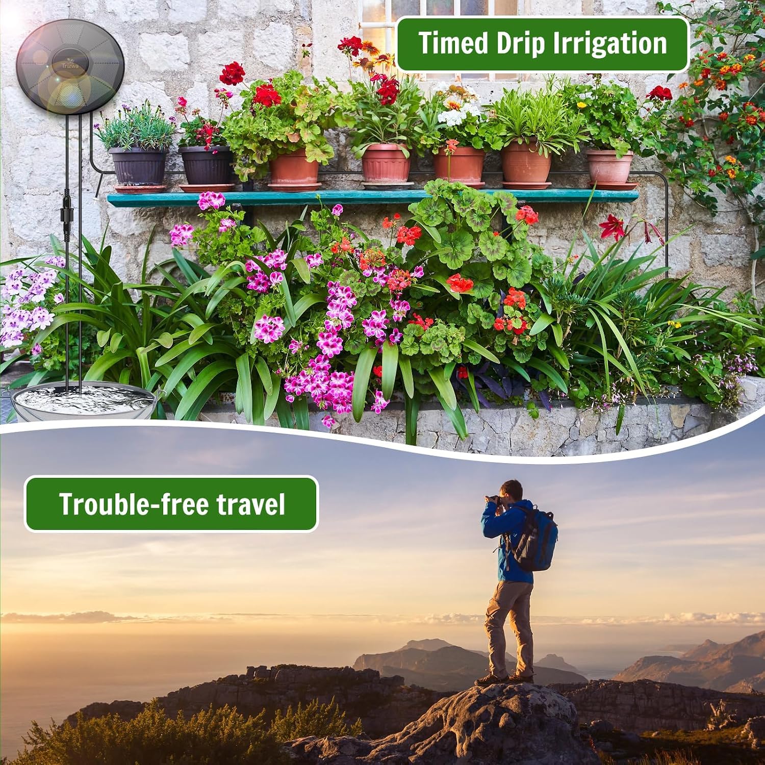 Detalle de Sistema solare automatico con kit di irrigazione a goccia per balcone e giardino – 15 piante in vaso